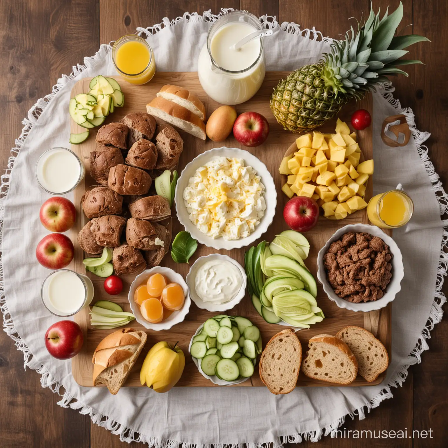 A table with such food: apples, pineapple, sour cream, milk, cheese, bread, beef, eggs, cucumber, cabbage, jam, water