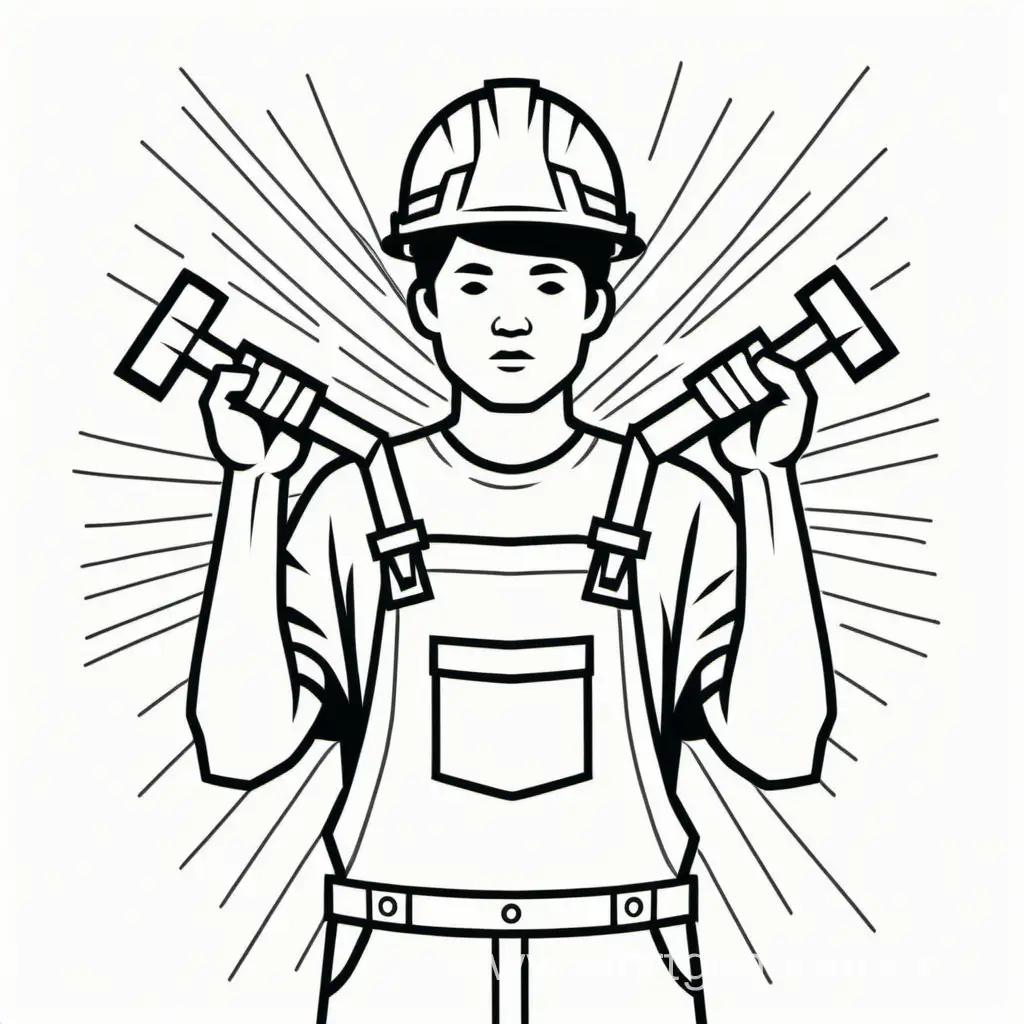 человек в строительной каске держит в 2х руках молотки нарисованный линиями цветом: чёрно белое 
минимализм 