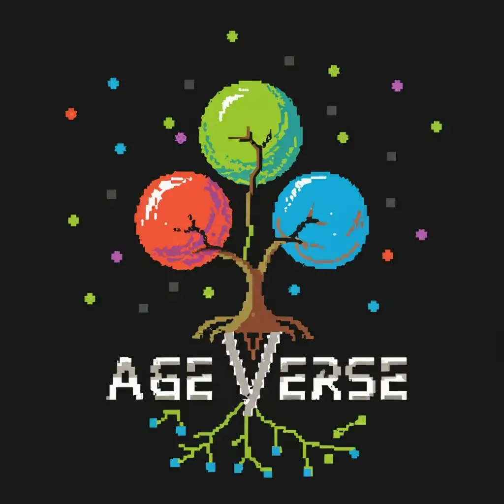 logo, Picture of 5 Balls Connected to a Tree Root and with Different Colors - Also with Pixel Graphics, with the text "Age Verse", typography