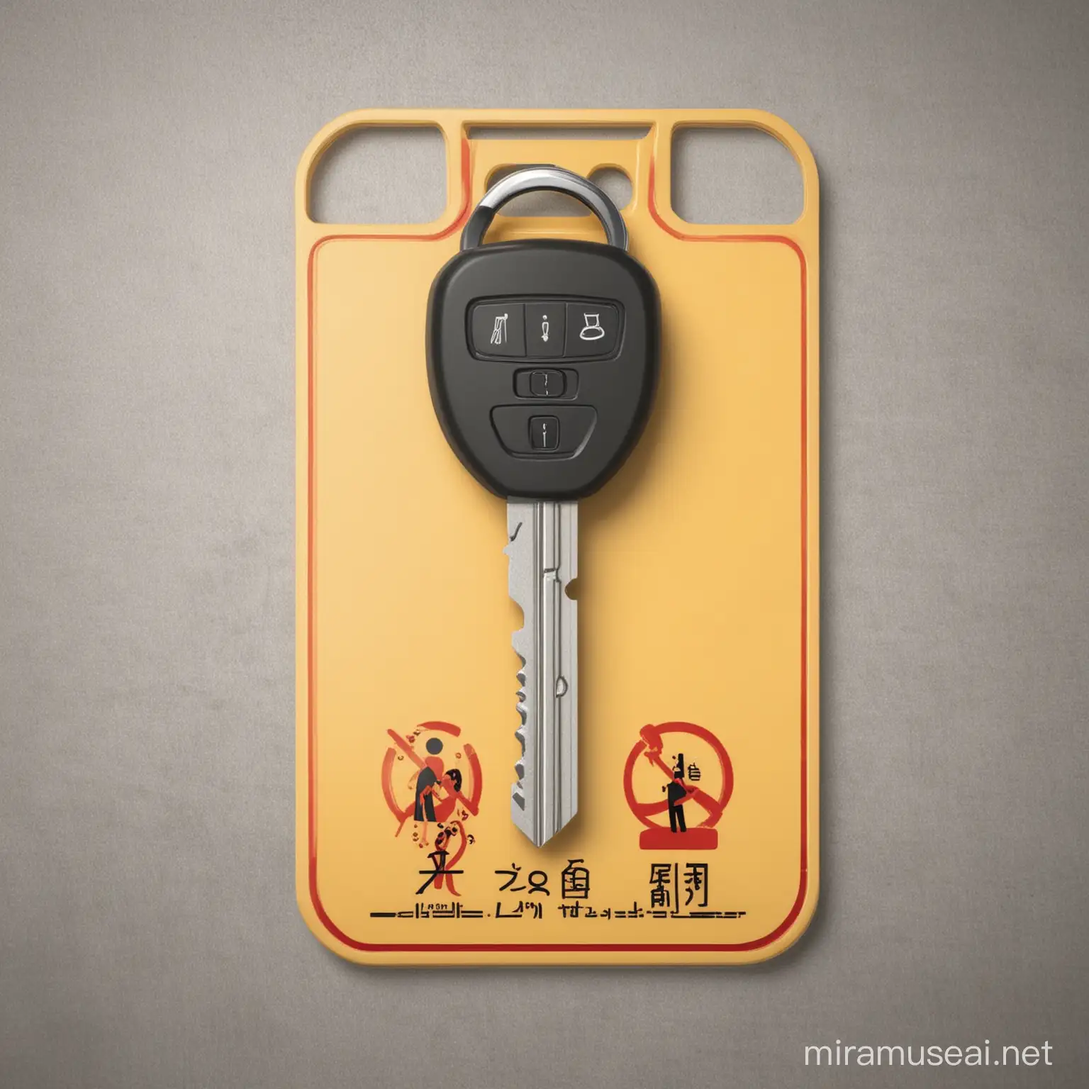 Design a car key on a flat surface and a pictogram that warns against the use of alcohol attached to the key. Attach these keys to the car key.

