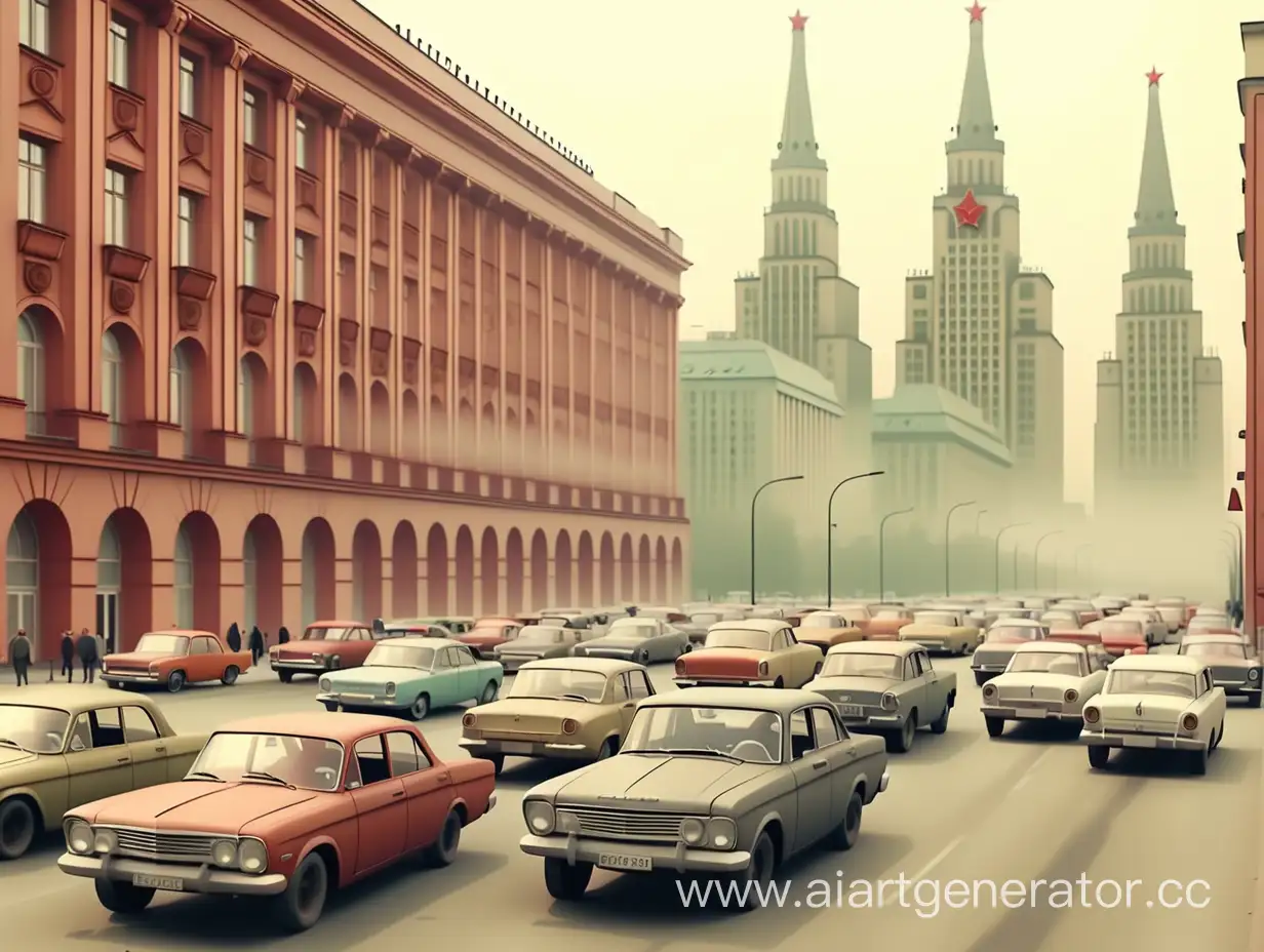 A bustling cityscape of the 60s with old Soviet architecture, vintage cars, and a hazy atmosphere.--16:9--raw