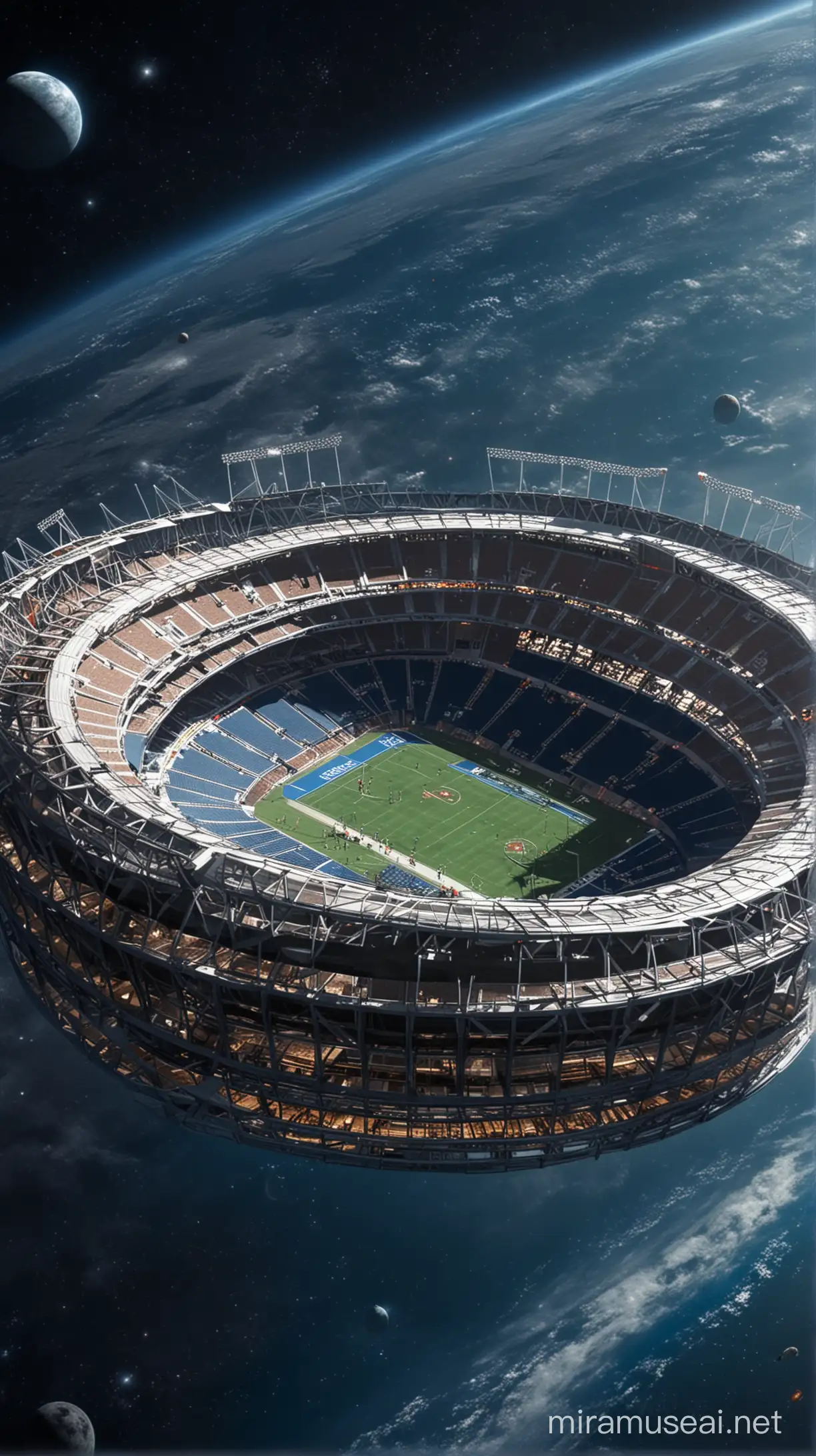 Space Stadium Futuristic Arena Floating Amidst Celestial Bodies