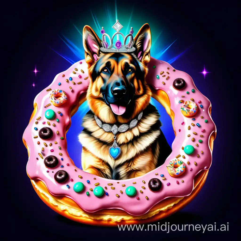 Majestic Glowing German Shepherd with Tiara Lords Over Donut