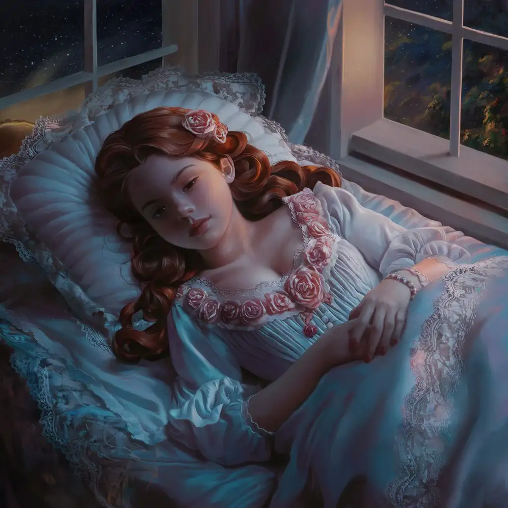 Красивая девушка в розовой расшитой ночной рубашке с каштановыми волнистыми волосами засыпает ,лежа на белоснежной подушке на кружевной постели возле ночного окна. В окно видно звёздное небо.