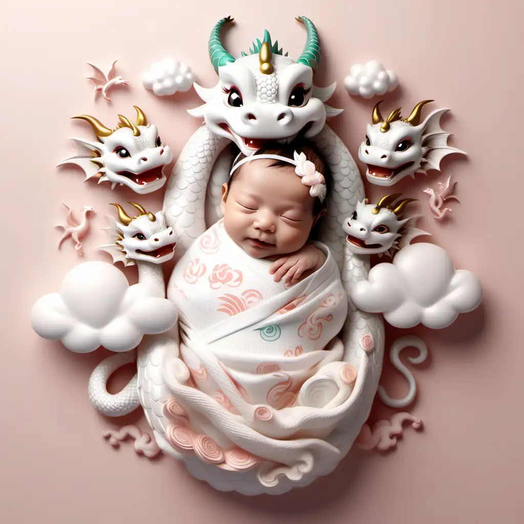 cute chinese dragon closed eyes smiling newborn baby with asian fantasy oriental clouds and dragons chinese dragon background in white colour and clean neutral soft colours no hands girly