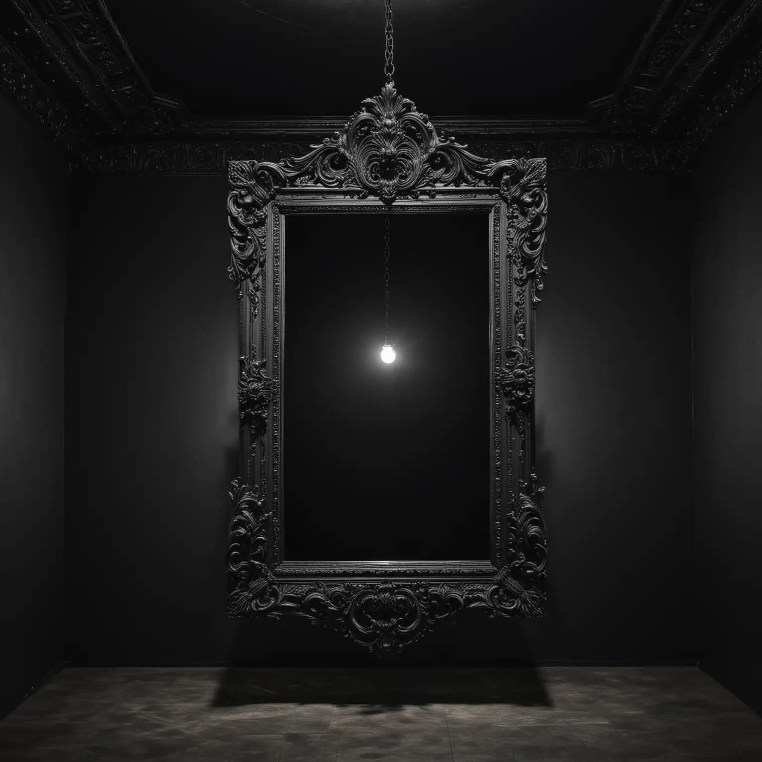 Dark Room with Suspended Ornate Black Mirror of Truths