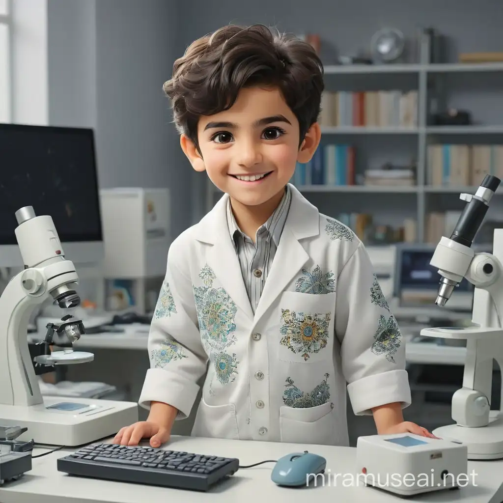 Persian little boy(full height, white skin, cute, smiling, clothes full of many Persian designs).
Atmosphere a super modern laboratory with laptops and microscope and showing cells in monitor, clothes full of Persian designs.