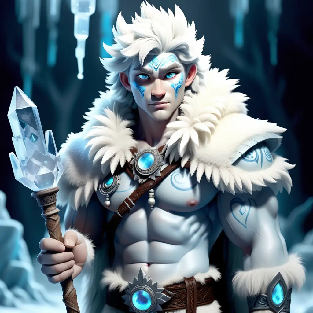 a male hybrid with a mystical connection to ice wolves. Dressed in enchanted furs and wielding an ice-infused staff, he has snow-white fur covering parts of his body. eyes gleam with ancient wisdom, and his movements are accompanied by a soft frosty aura.