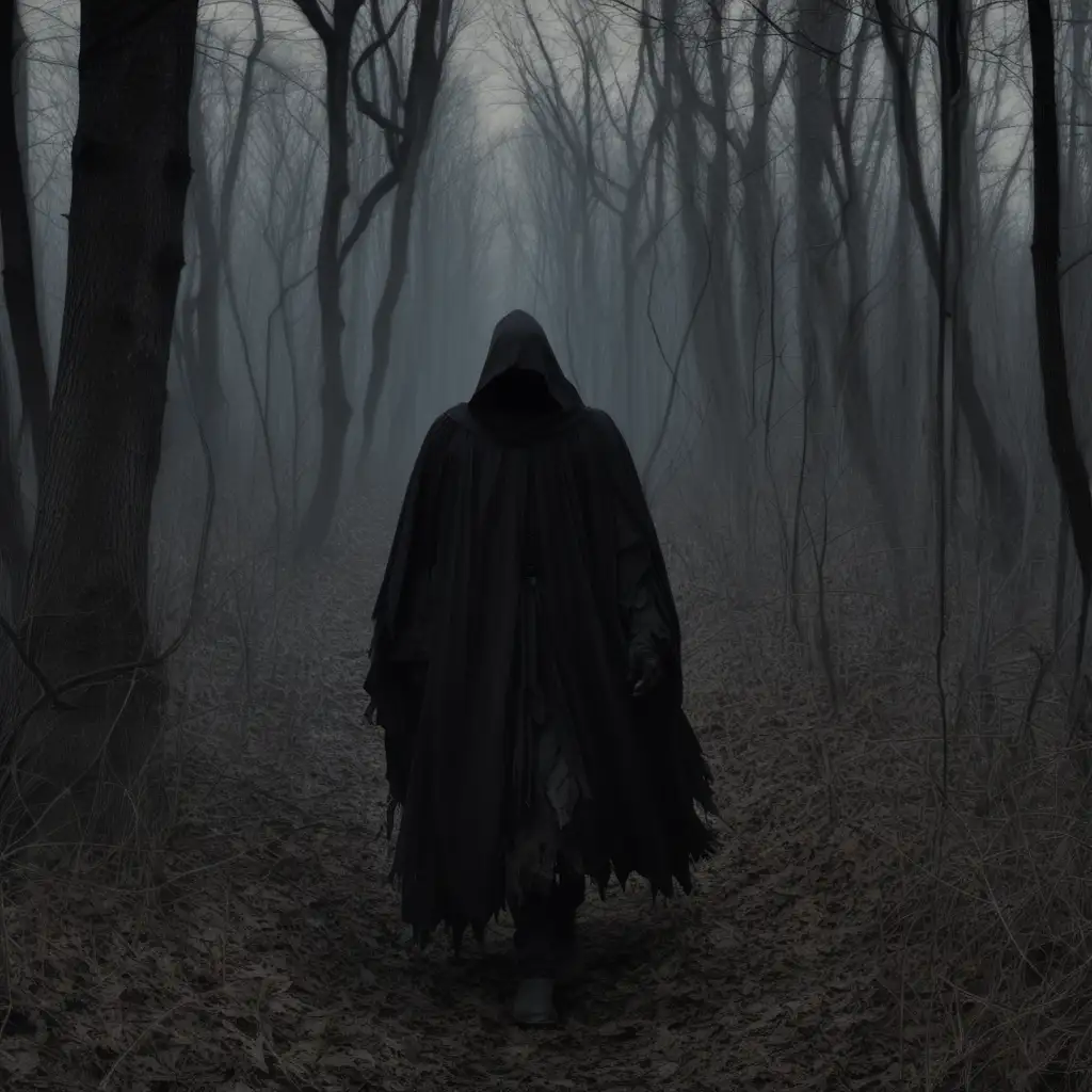 Man walking in dark scary forest, wearing all black torn robe, face covered, Renaissance background 