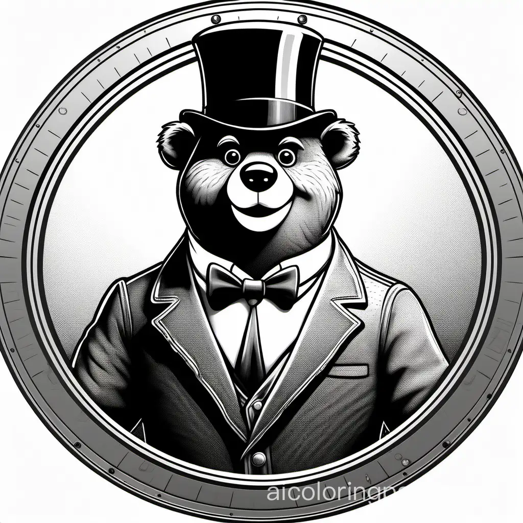 ((Halftone style)) ((negative image)), black and white, steampunk yogi bear, Portrait View, looking straight ahead, yogi bear is smiling, Perfect composition golden ratio, masterpiece, best quality, 4k, sharp focus. Perfect anatomy, fully isolated inside of a BLACK oval, Coloring Page, black and white, line art, white background, Simplicity, Ample White Space. The background of the coloring page is plain white to make it easy for young children to color within the lines. The outlines of all the subjects are easy to distinguish, making it simple for kids to color without too much difficulty