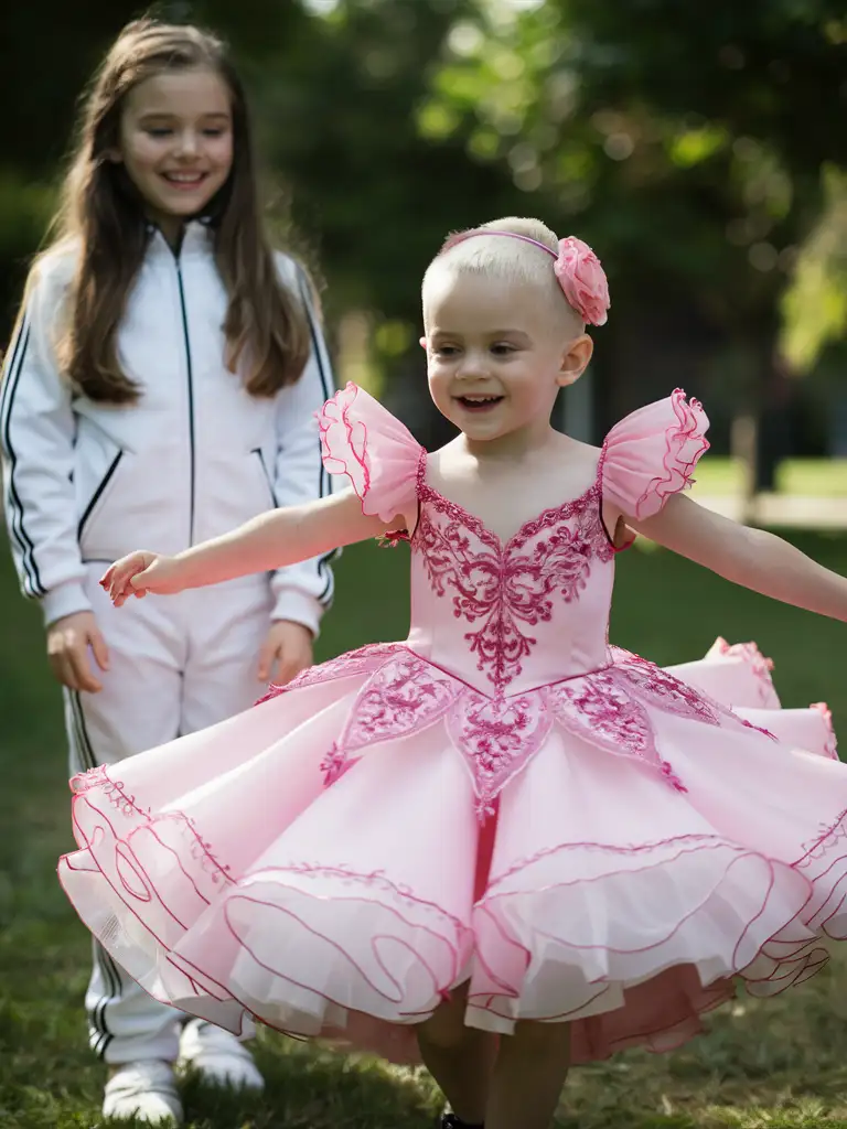 ((Gender role-reversal)), colourful Photograph, a 9-year-old girl with long hair in a park with her brother, a little 7-year-old boy with short blonde hair shaved on the sides, the girl is wearing a white tracksuit, the boy is joyfully twirling in a beautiful ornate pink ballroom gown dress with frilly sleeves and a rosy headband, the girl is watching the boy, cute smiles, adorable, perfect faces, perfect faces, clear faces, perfect eyes, perfect noses, smooth skin