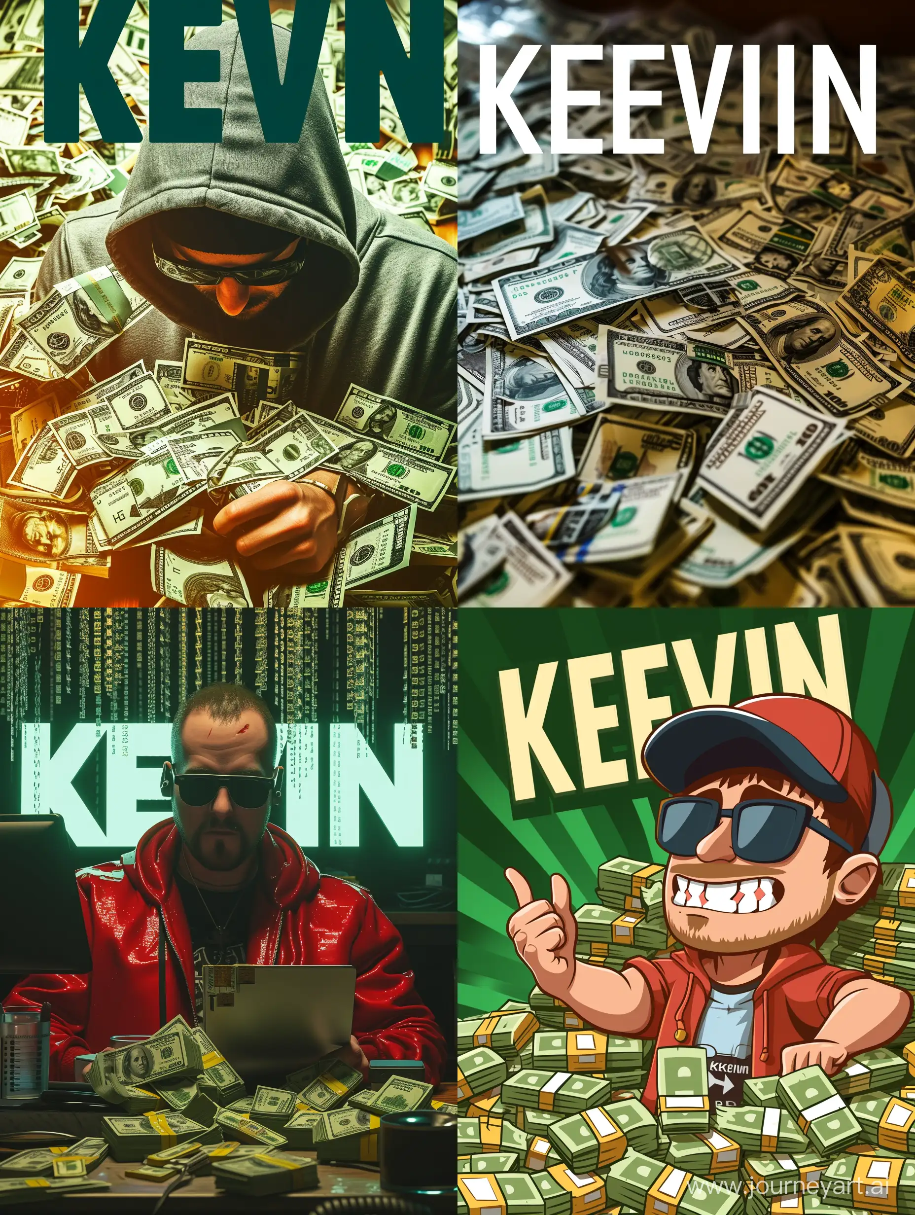 Image of a hacker character, lots of money, with the text KEVIN in the background.