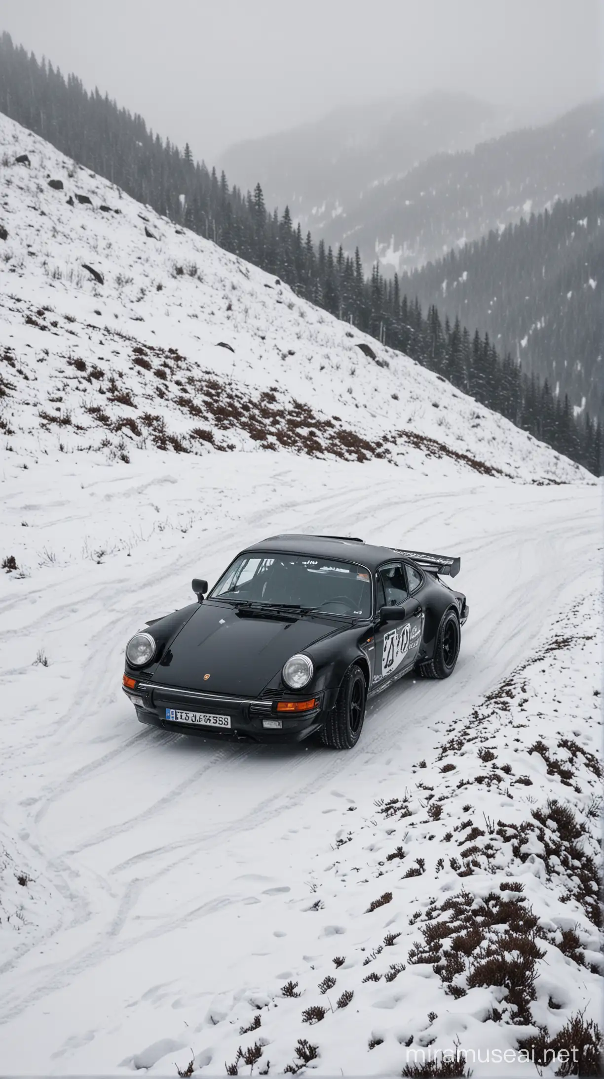 Snowy Mountain Rally with a Sleek Black Porsche