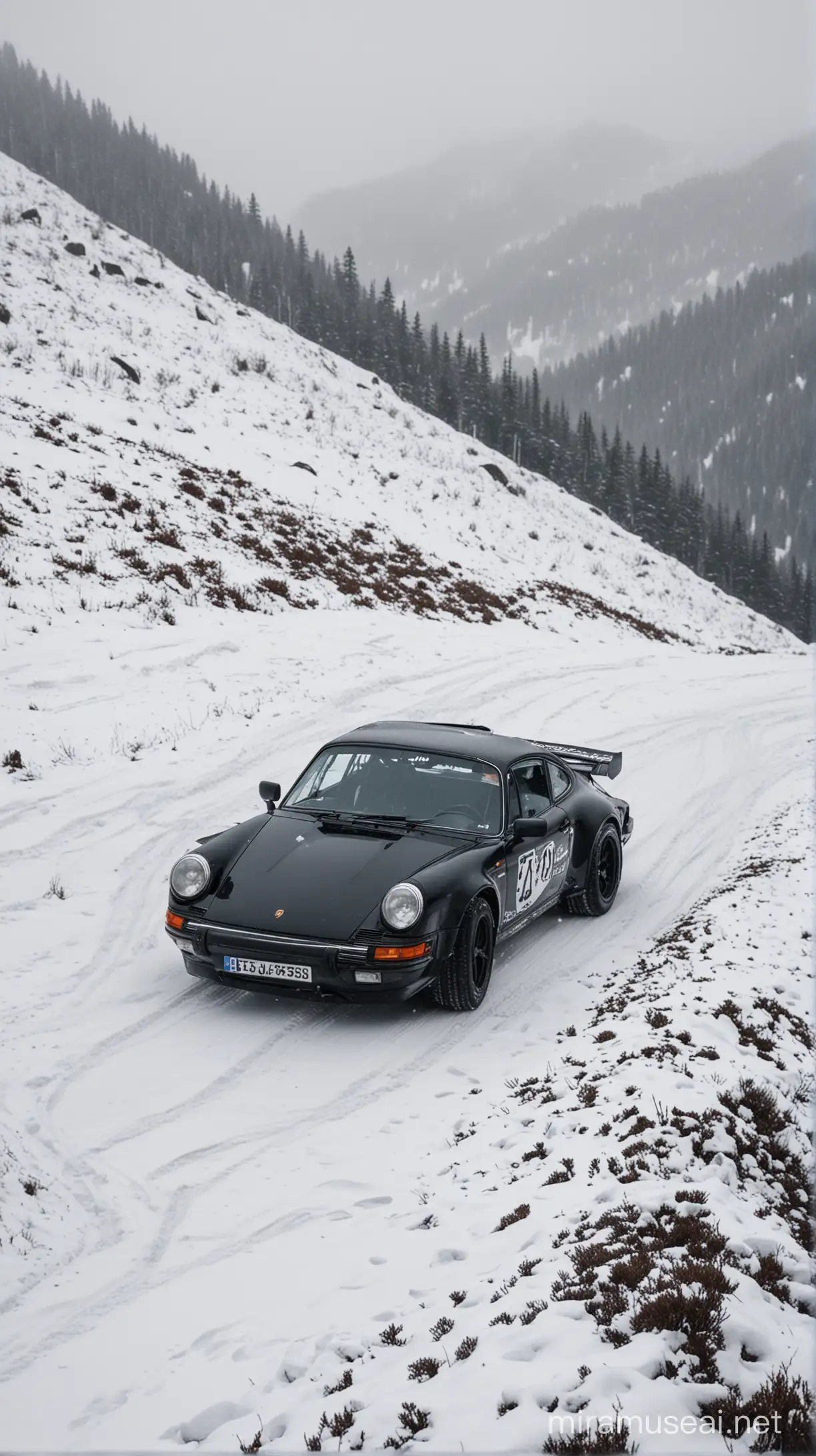 Give me a black porsche rallying on a snowey mountain