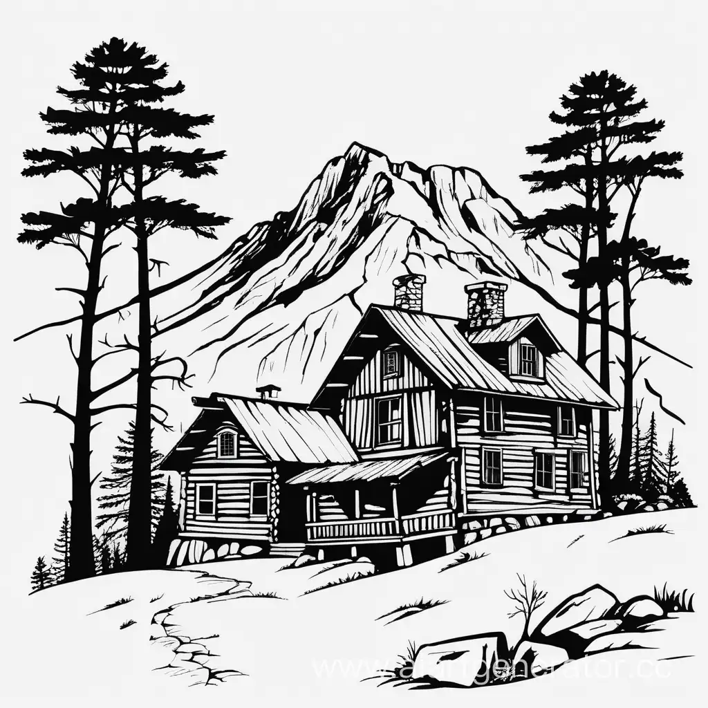 simple vector of a clipart old wood home trees Mountain. white background.