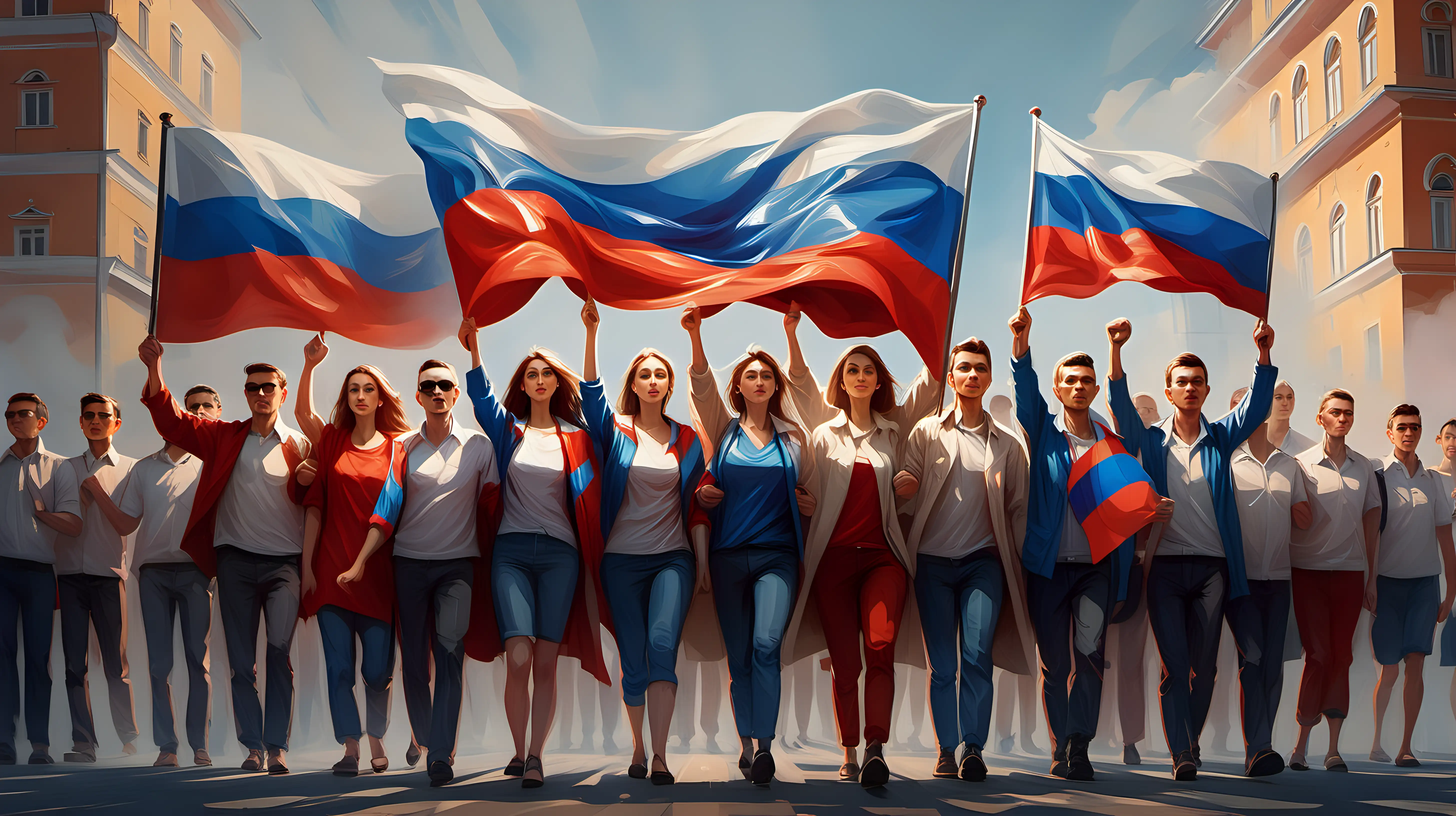 Unified Group Holding Russian Flag in Patriotic Display