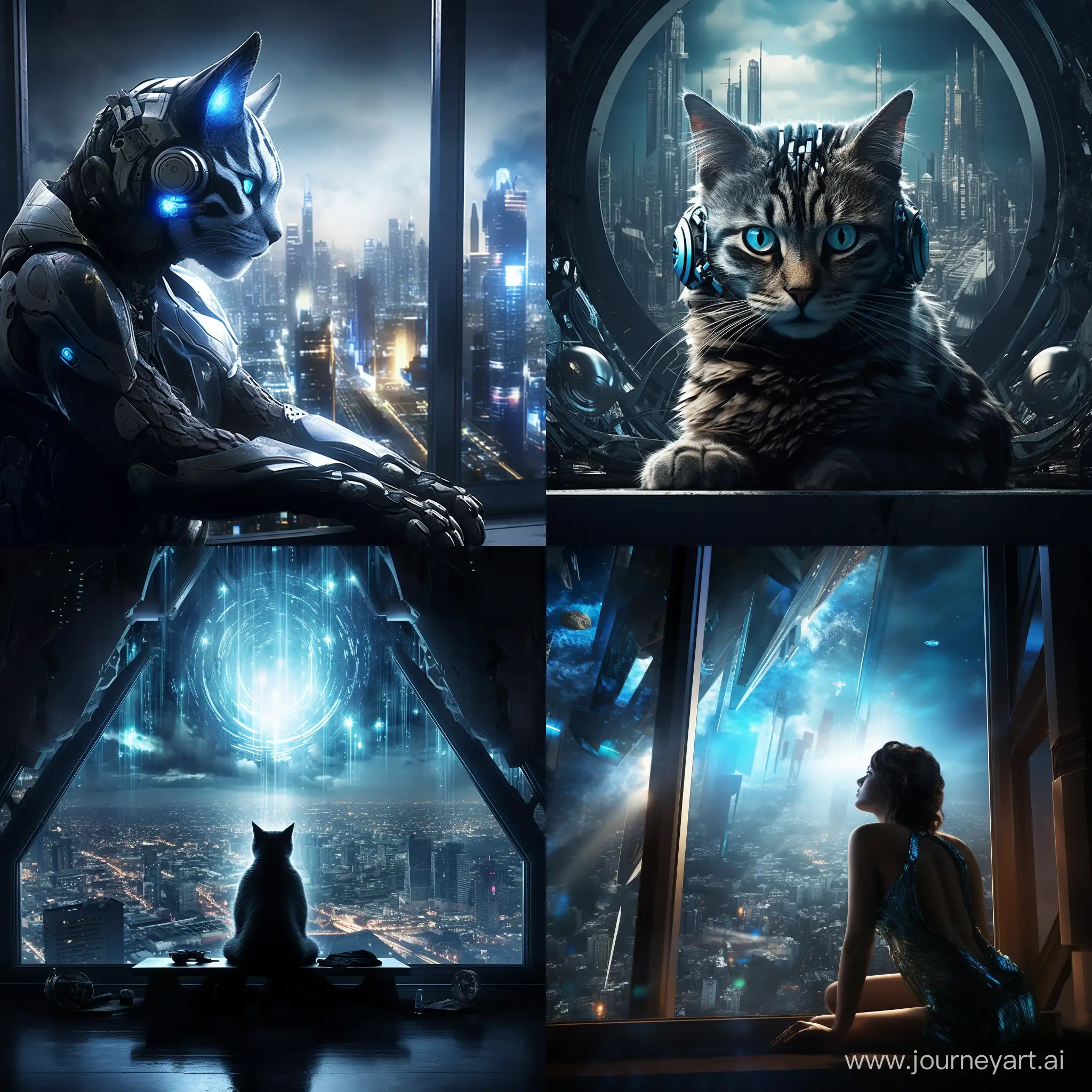 movie poster dramatic футуристический, ::1.5, голубая кошка с черными узорами разлеглась на фоне окна, свет проникает через окна отбрасывая блики на кошку