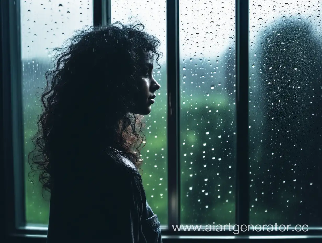 Девушка с тёмными вьющимися волосами смотрит в окно изнутри тёмной комнаты. Вид со спины. За окном дождь и капли на стекле окна. Фон тёмный. Стиль модерн.