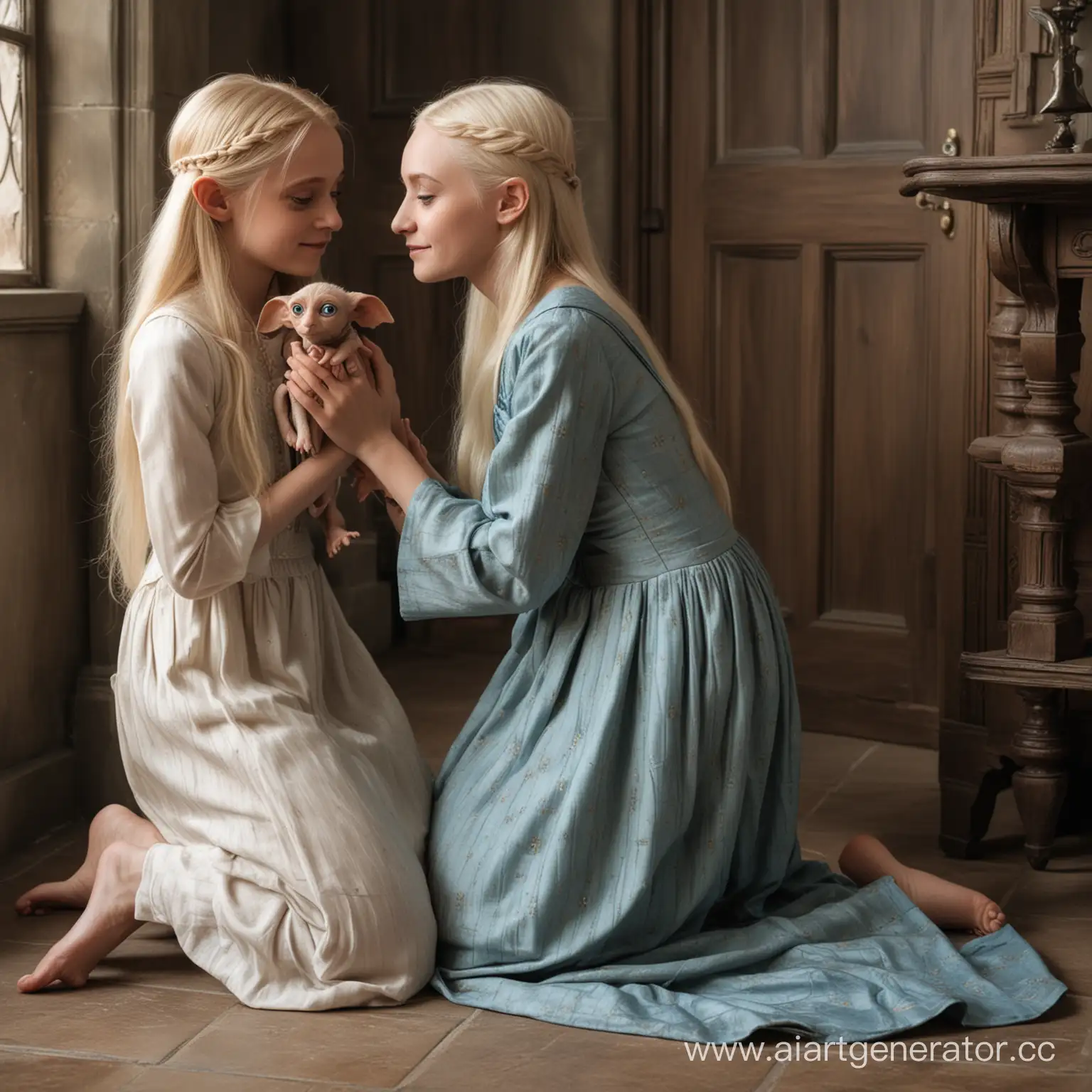 Blonde-Girl-Hugging-Dobby-at-Malfoy-Manor