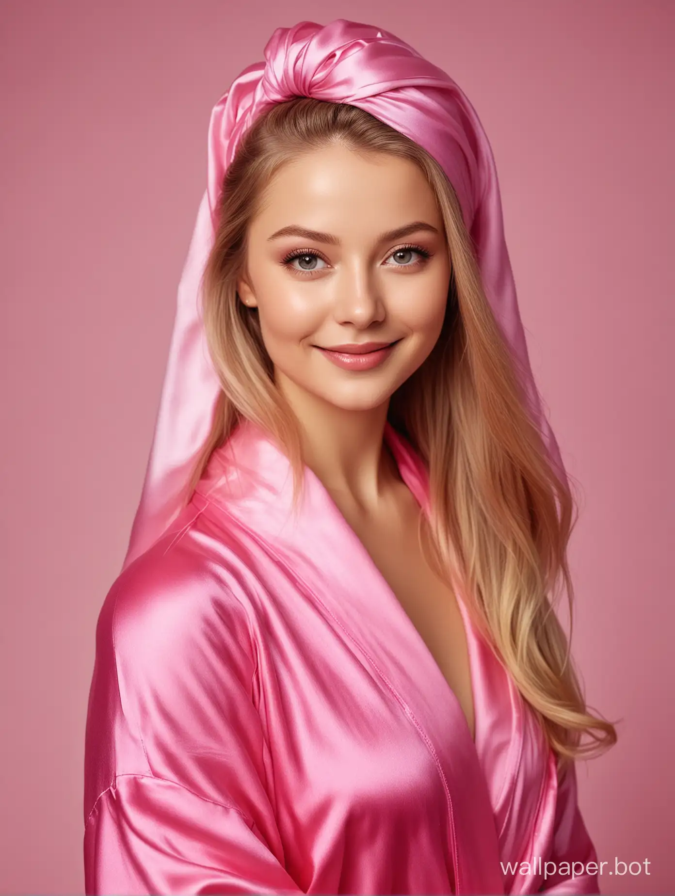 Glamourous portrait of sweet, young, sunny queen Yulia Lipnitskaya with long straight silky hair Smiling in Luxurious Pink fuchsia Silk robe with pink fuchsia silk towel turban on the head
