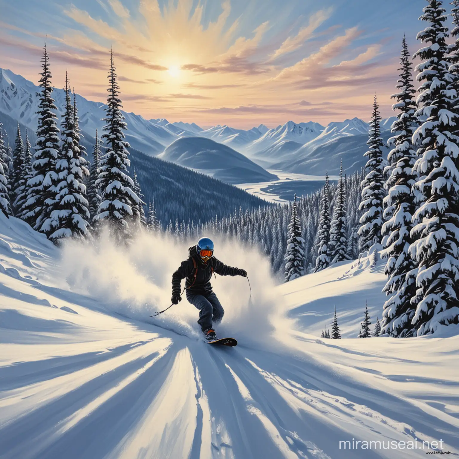 Snowboarding at Revelstoke mountain resort oil painting 