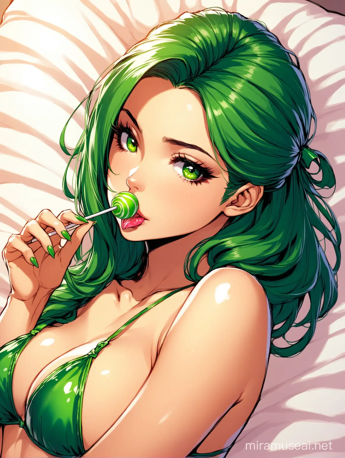 Rogue (from X-men)laying in a bed, her hair half up,  tied in a green ribbon, she is wearing a green strap lingerie, licking a lollipop, seductive expression, above view 