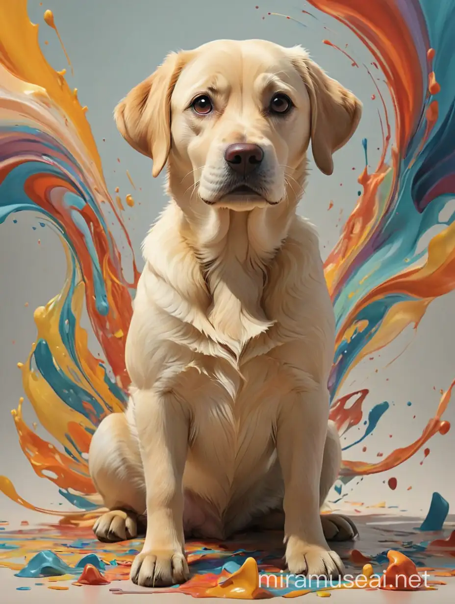 art movement focused on emotional impact through free-flowing shapes and colors, often without depicting real objects, with tiny Labrador Retriever sitting on the foreground