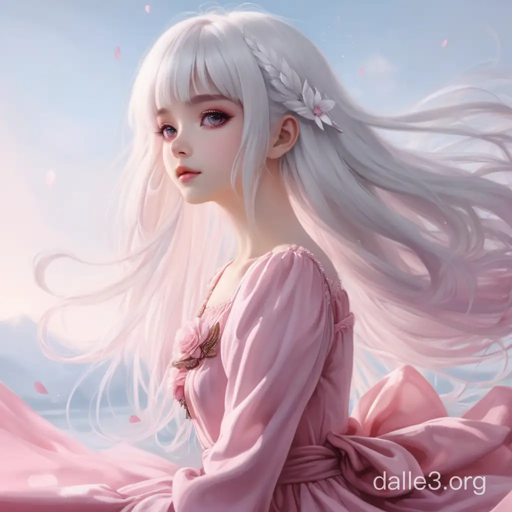 a beautiful girl in a pink dress, with white hair, dreamed of love