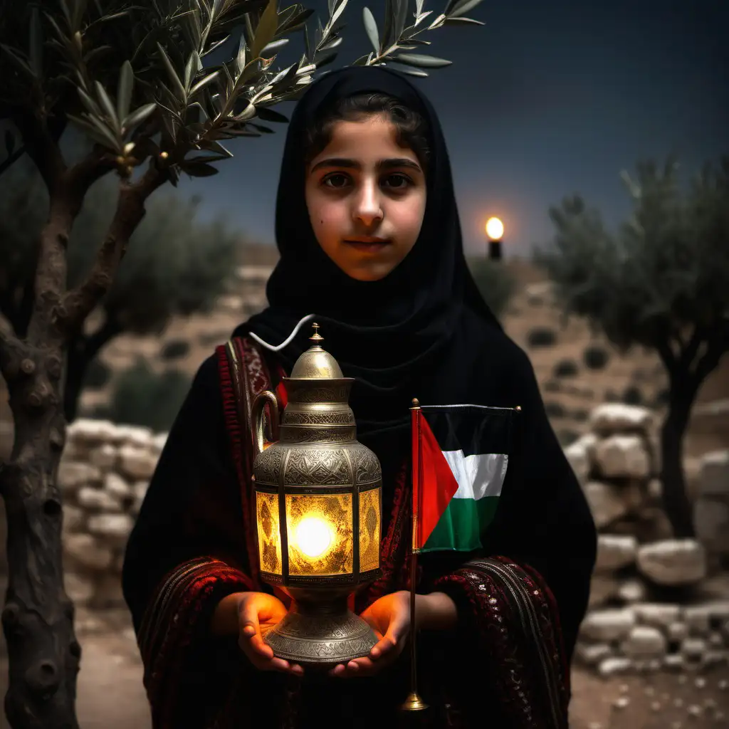 Palestinian girl holding an anchient lamp, Palestine Flag, Olive Tree Background, Traditional Clothes, Oil painting, dark mode