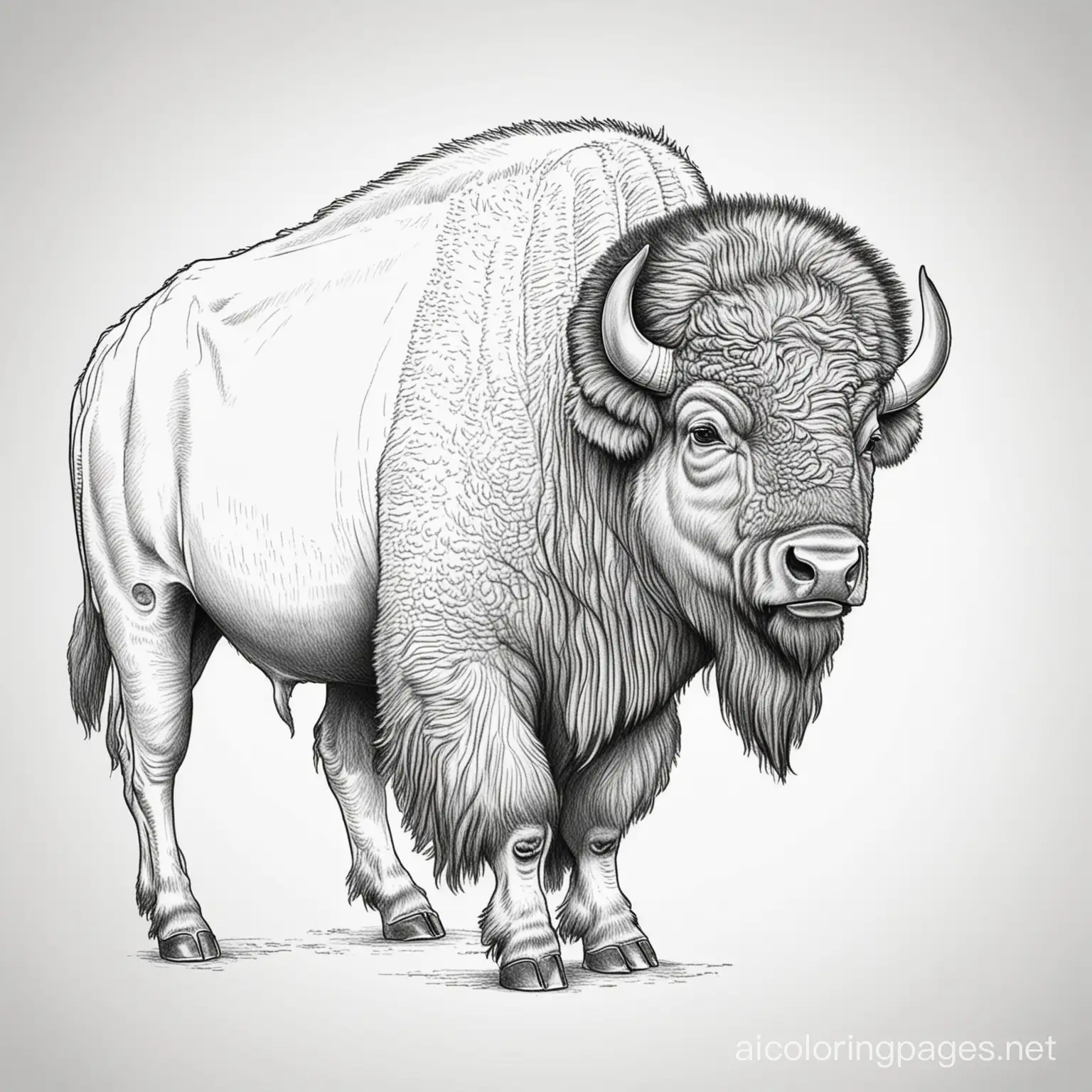 The American bison, Coloring Page, black and white, line art, white background, Simplicity, Ample White Space. The background of the coloring page is plain white to make it easy for young children to color within the lines. The outlines of all the subjects are easy to distinguish, making it simple for kids to color without too much difficulty