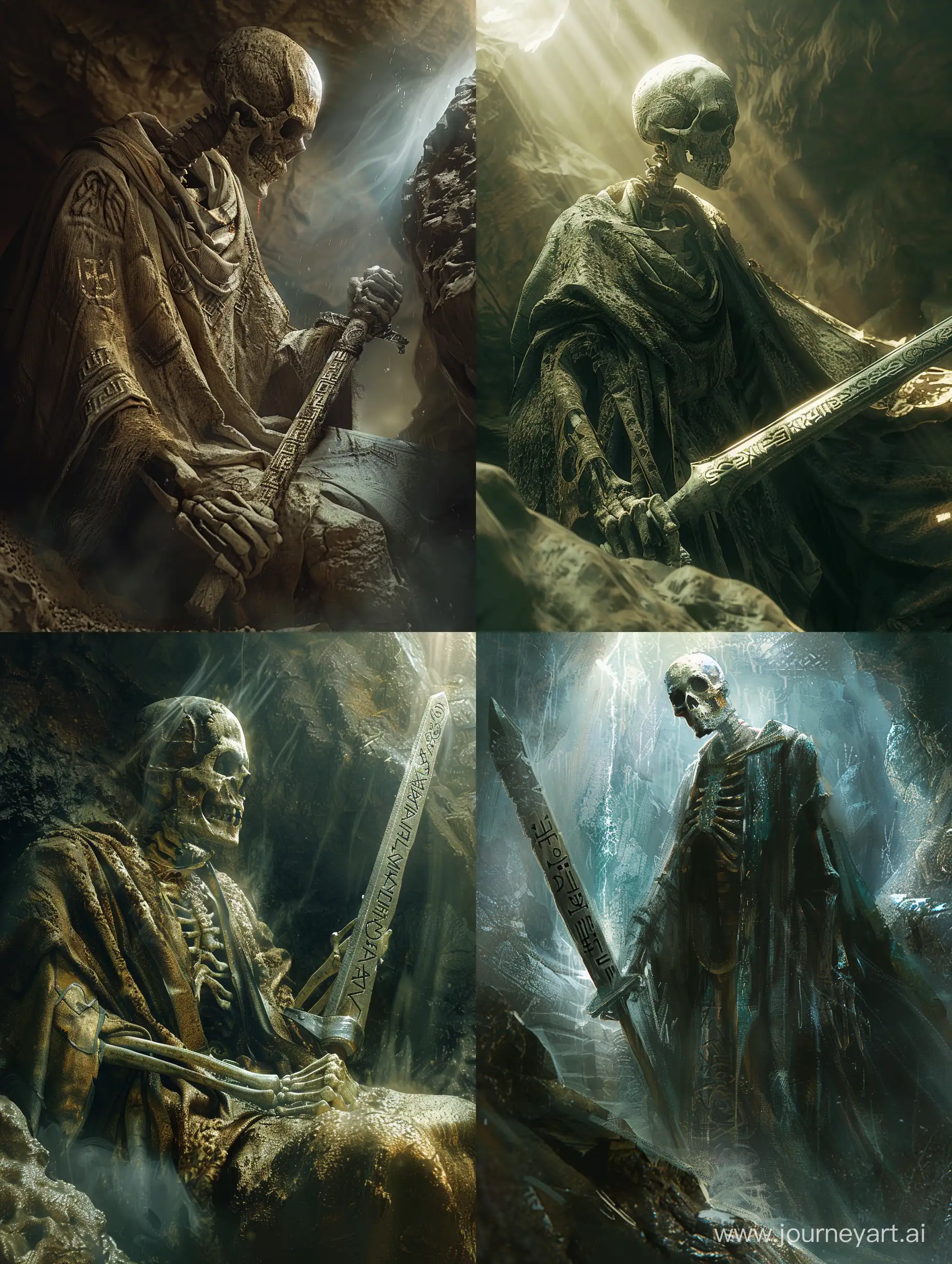 Skeleton warrior with robe,with Stone sword ,in a cave-like place underground,horror place,Dark light,Runic script on his bone,incredible detail,terrifying,Digital Art,Imaginary image,fantasy.