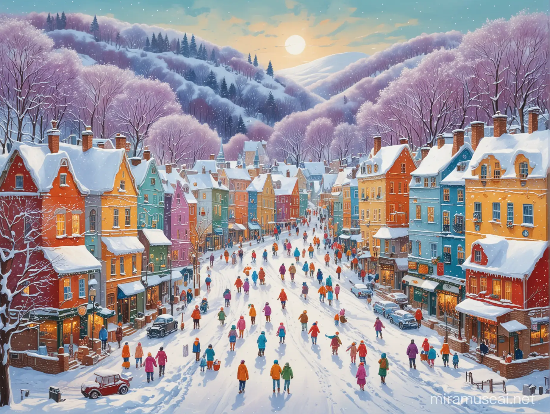 Whimsical Winter Wonderland Vibrant People Amid Snowy Cityscape