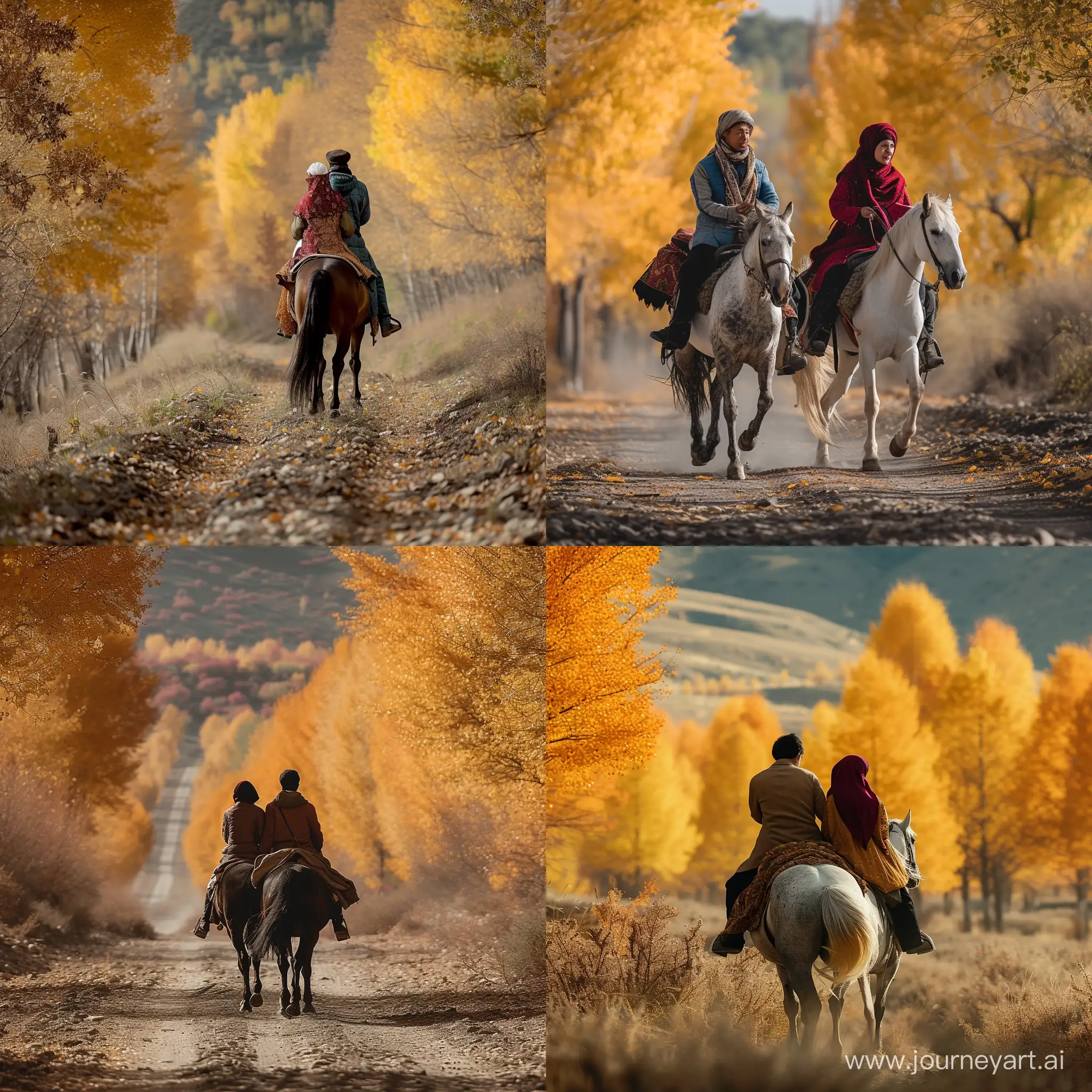 秋天的新疆禾木，一对情侣在骑马