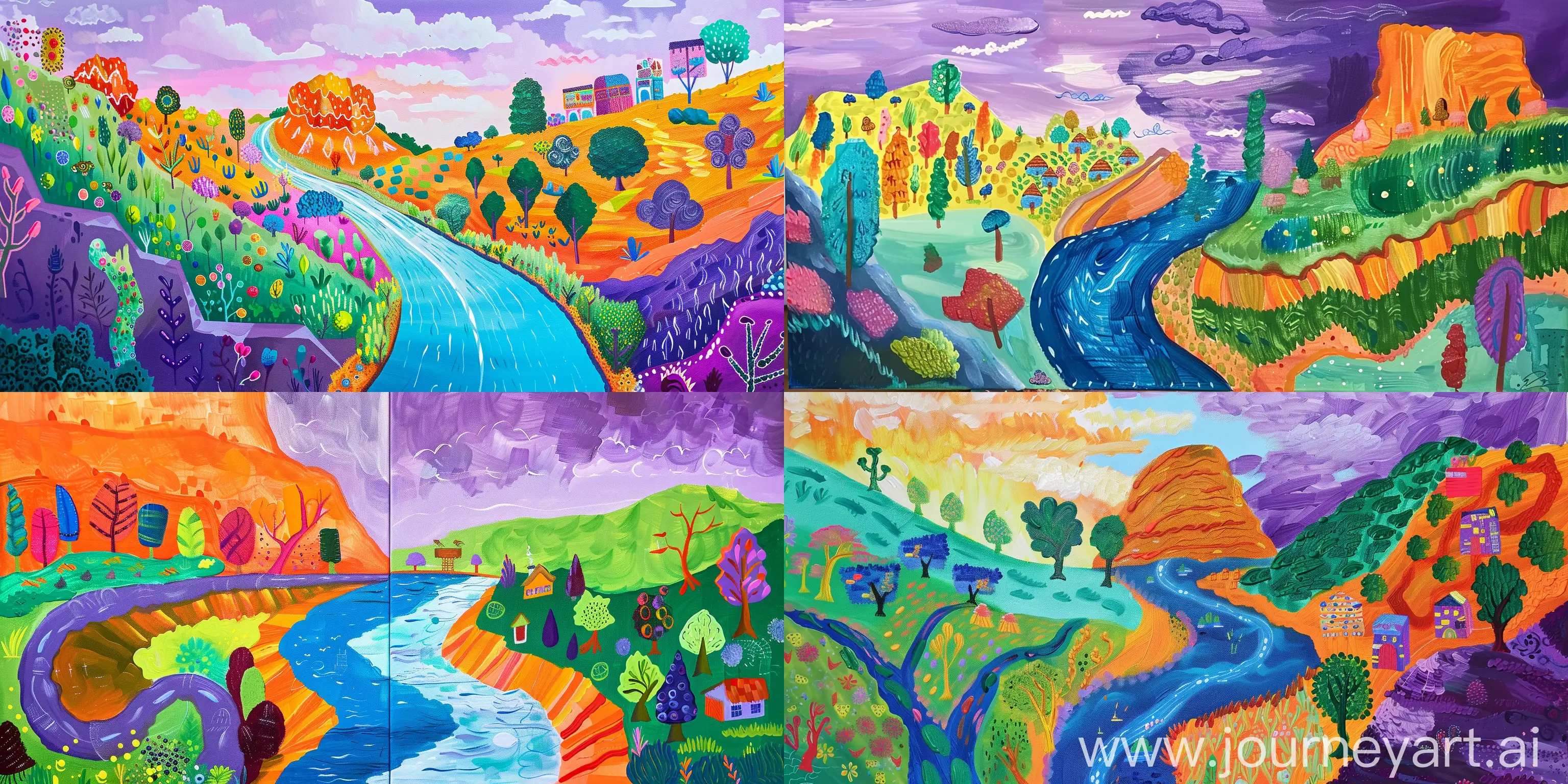 Create a vibrant and colorful painting inspired by the style of "Nichols Canyon" with the same set of colors. Imagine a landscape scene that is expressive and somewhat abstract, using bold and bright colors throughout. Picture a winding river or road as the focal point of the composition, surrounded by various forms of vegetation and trees. On one side of the river, include a steep green hill or cliff with trees or bushes, while the other side features a flatter landscape with small colorful buildings resembling a village. Incorporate a large, rounded hill or mountain in the background, painted in a warm orange hue. Use a mix of purple and blue for the sky, with white strokes to represent clouds. Experiment with patterns and textures to add depth and visual interest to the painting. Remember to maintain the whimsical and dream-like quality of the original artwork while infusing your own creativity and interpretation. Use acrylic paint on a canvas to capture the essence of the style and create a unique piece inspired by "Nichols Canyon." --ar 6:3 --c 5