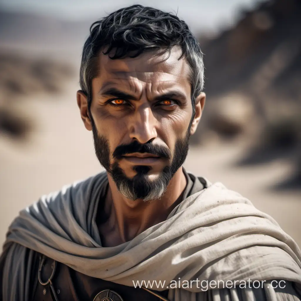 A man of Greek-Arab appearance, with orange eyes. Black hair, gray hair in the hair, has a beard and mustache, narrow facial features, cheekbone expression, soft tired look expressing calmness and thoughtfulness. A muscular, thin, former warrior, in medieval desert clothes.