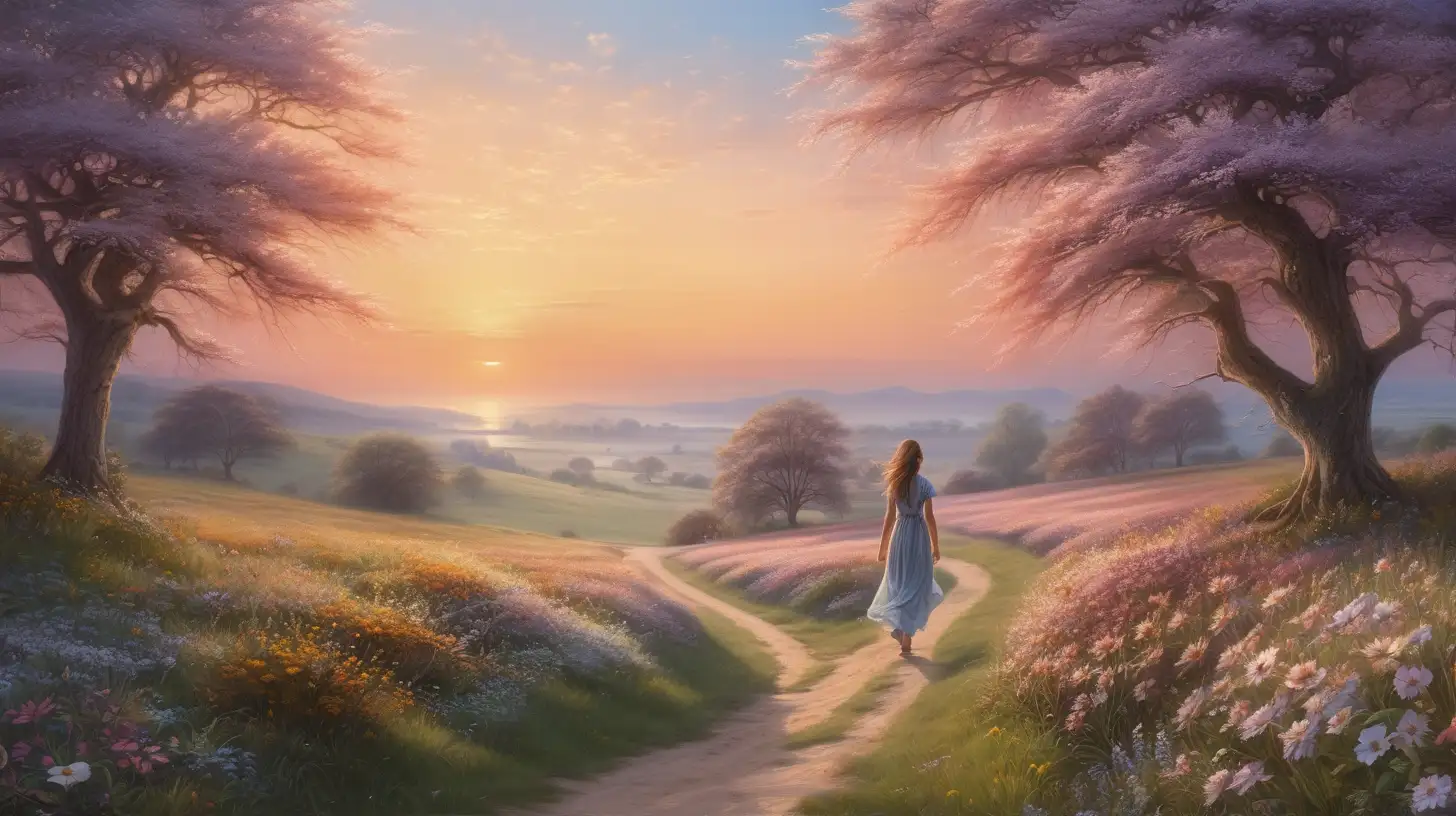 create a realistic image of vast landscape at dawn, with the first light of the sun gently illuminating a path that stretches toward the horizon. The path is surrounded by flourishing trees or a field of blooming flowers, a beautiful woman walking on that path