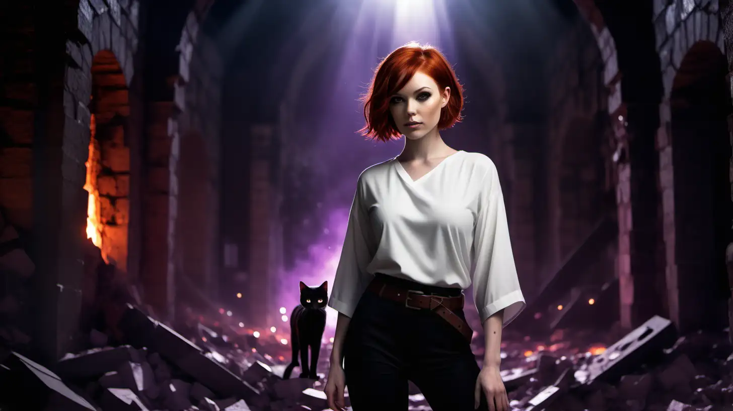 a beautiful woman with short red hair in black pants and a white tunic. She has a brown belt around her waist. there is a shadow of a large black cat beside her. She is standing in a dungeon surrounded by rubble and glowing purple lights with embers floating around her