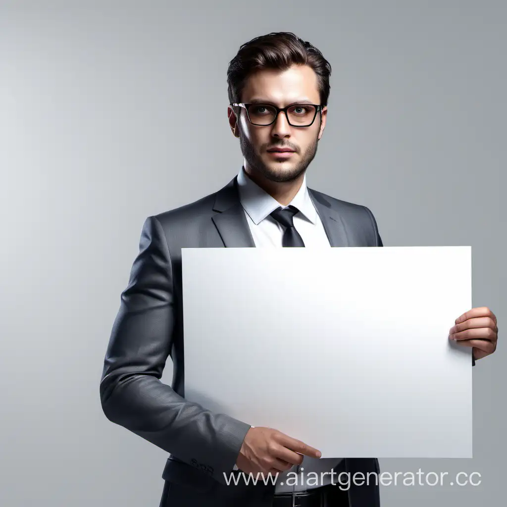 Photorealistic, man in office, office strict clothes, strict glasses, holding a poster with white background in his hands, ultra clear, HD, unreal engine, hyper realistic, product photography style