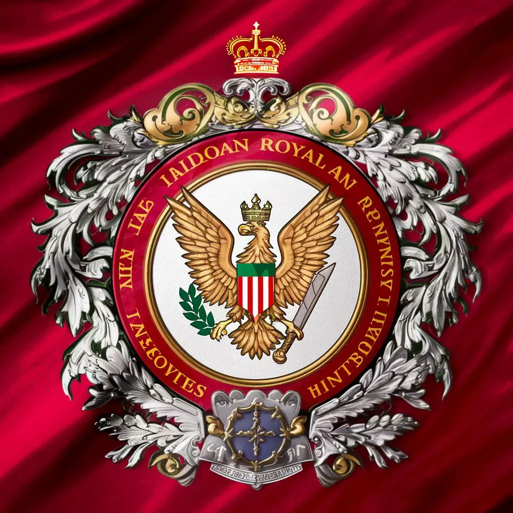 logo, At the center of the flag is a field of vibrant crimson, representing the blood shed by generations of soldiers in defense of their homeland. Upon this backdrop is emblazoned the emblem of the Ildoan Royal Army: a golden crowned eagle with outstretched wings, clutching a laurel wreath and a sword in its talons. This iconic symbol serves as a reminder of the army's commitment to valor, victory, and the defense of the kingdom.

Surrounding the central emblem are intricate motifs and decorative elements, including ornate scrollwork, floral patterns, and heraldic symbols. These embellishments add a touch of elegance and sophistication to the flag, reflecting the proud traditions and noble lineage of the Ildoan military.

Above the central emblem flies the royal standard of Ildoa, featuring the coat of arms of the reigning monarch emblazoned upon a field of azure blue. This symbolizes the unity and allegiance of the army to the crown, reaffirming its dedication to the sovereign and the nation.

Beneath the central emblem, the words "For King and Country" are inscribed in bold letters, serving as a rallying cry for the brave men and women who serve in the Ildoan Royal Army. This motto encapsulates the unwavering loyalty and steadfast commitment of the army to defend the kingdom and uphold its values, no matter the cost., with the text "Royal Ildoan Army", typography