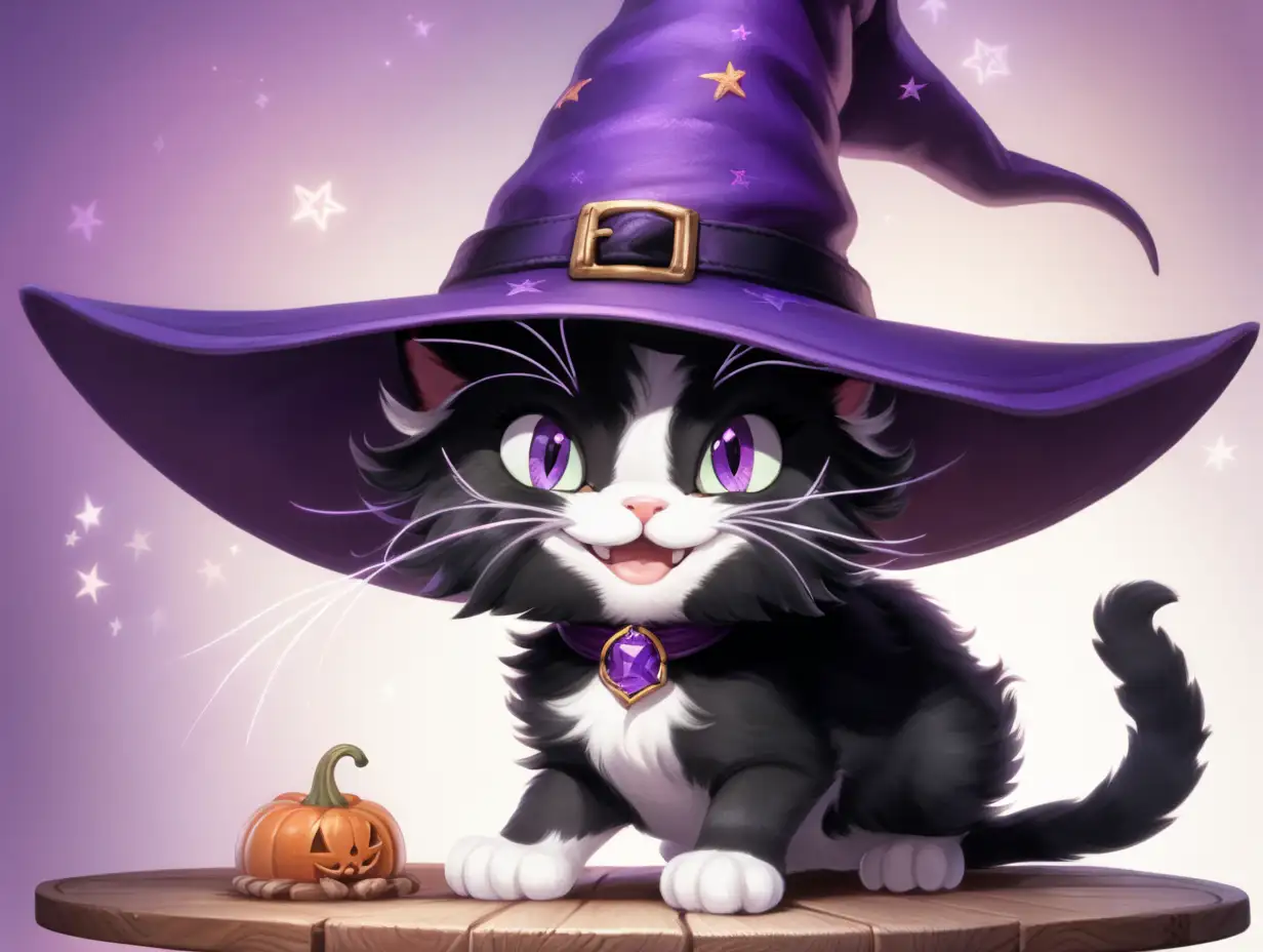 female cat; black short fur; white chin; smiling wickedly; raised paws; casting magic; wearing big purple witch hat