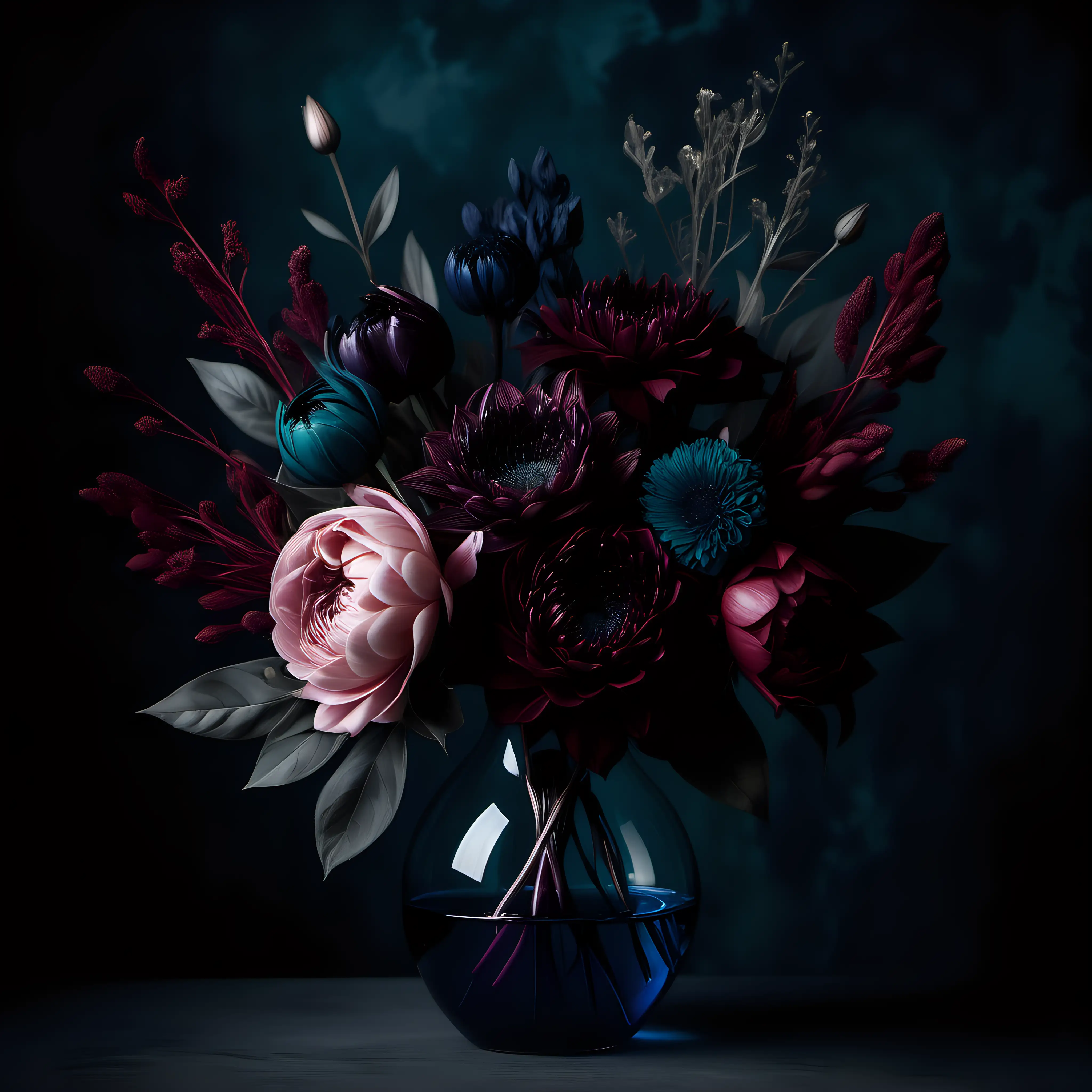 dark floral bouquet with dark red, dark teal, dark blue, dark pink, dark purple in high quality photo print suitable for wall art. Just the flowers appearing in the picture. No vase.