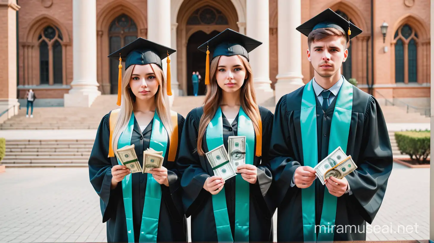 Disheartened Graduates Posing with Diplomas and Currency at University Entrance
