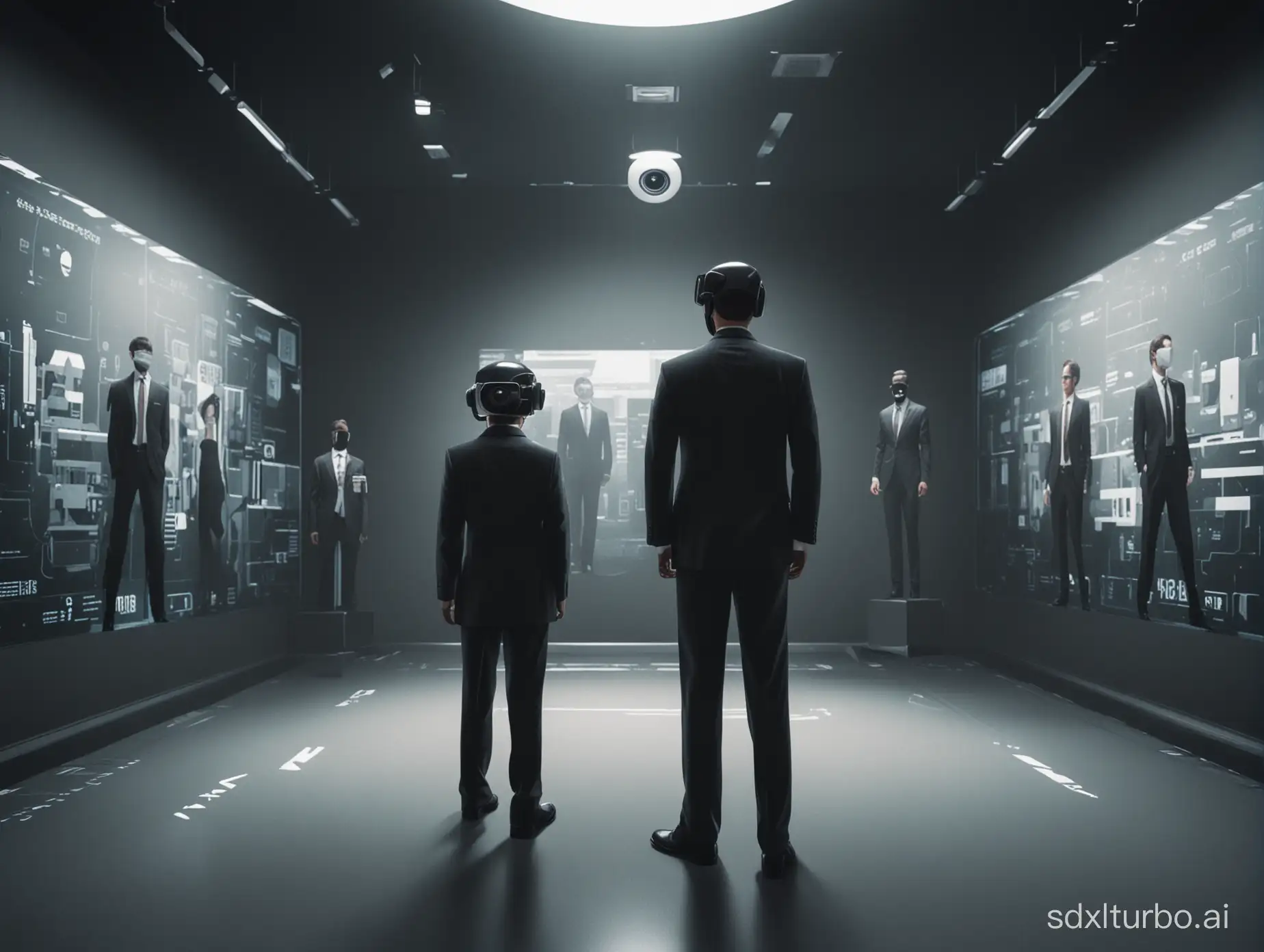 In the three-dimensional space created on the metaverse platform, there is a bold zero with three characters inside, one head is a surveillance camera, and a person in a suit stands in the middle.