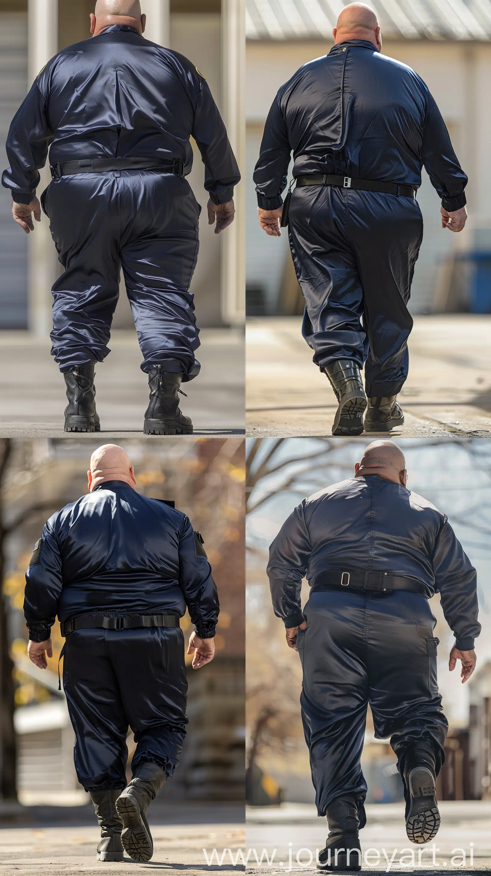 Close-up full body back view photo of a very fat man aged 60. The man is wearing silk extremely skinny fitted navy battle coverall tucked in black tactical boots. Black tactical belt. Standing straight and walking fast. Straight legs. Outside. Bald. Clean Shaven. Natural light. --ar 9:16