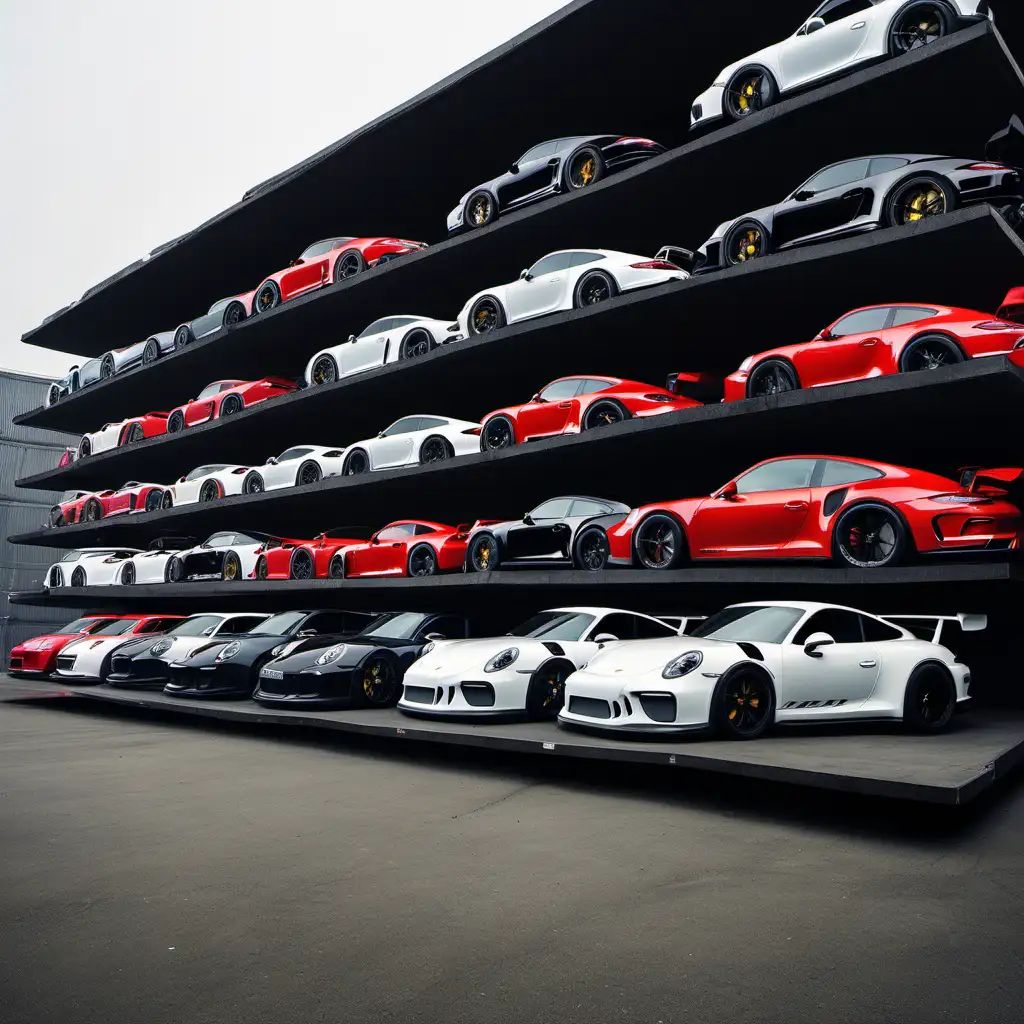 Array of 100 Layered Porsche GT3 Cars