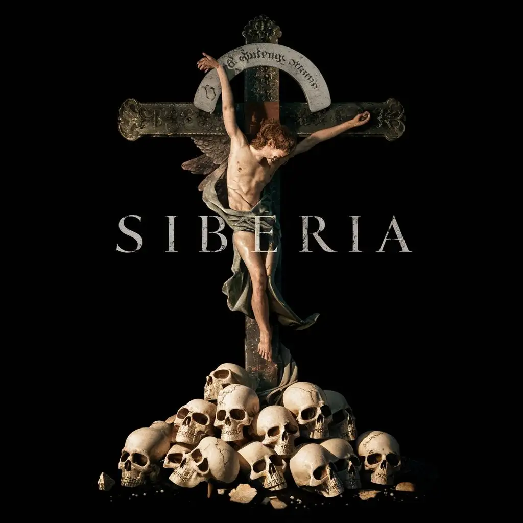 logo, logo A suffering Angel Crucified on a gothic Latin cross with a pile of broken and unbroken skulls at the foot of the cross on a black background, with the text "Siberia", typography