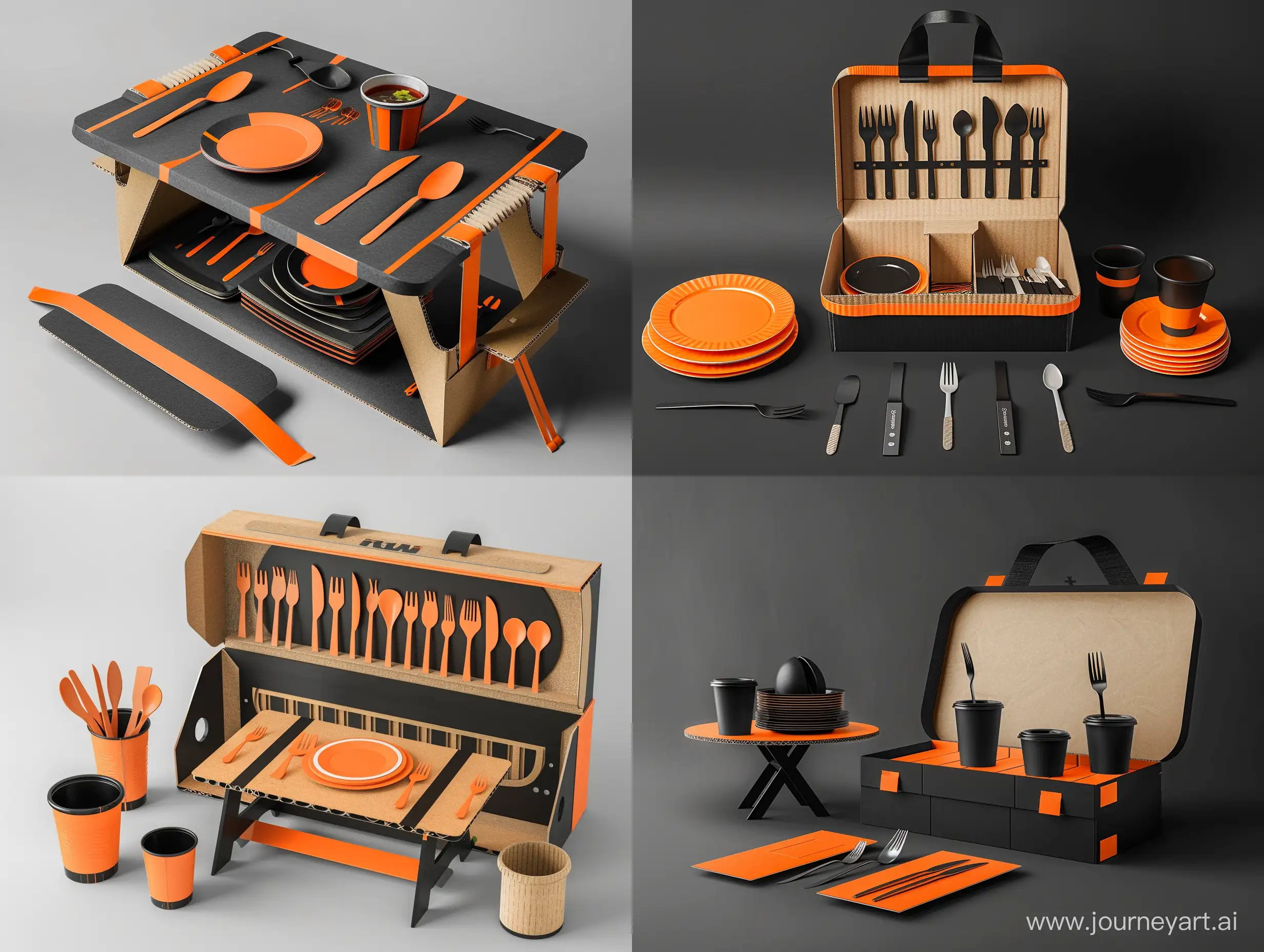 Cardboard packaging, Kraft, orange and black color, creative packaging, photo realism, commercial photo retouching, packaging for plates, forks, spoons, cups, elegant design, concept, trendy design, eco packaging, transformable packaging into a picnic table, promotional photo retouching