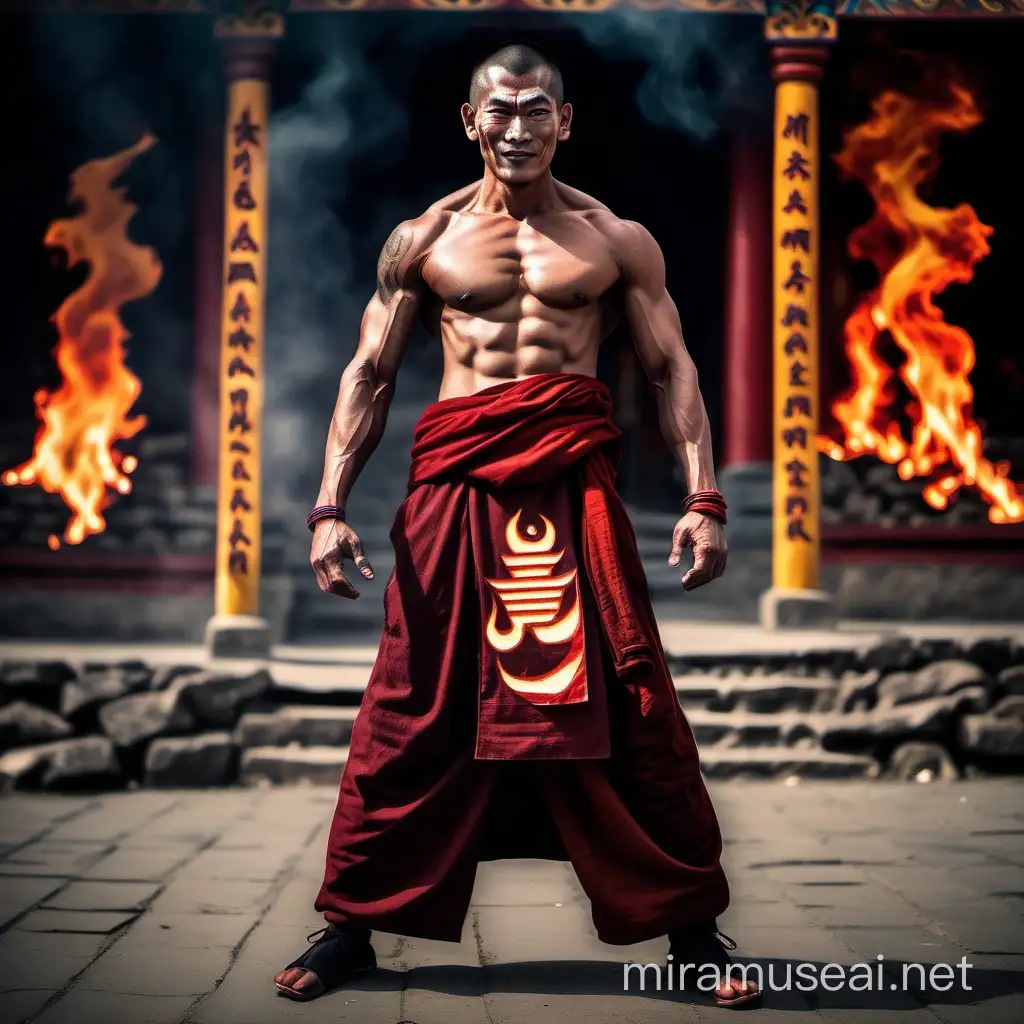 Monje tibetano guapo alto musculoso de cuerpo completo en actitud de supervillano  con. Mirada diabólica y sonrisa maligna, de fondo un monasterio tibetano en llamas y la palabra karma el demonio 