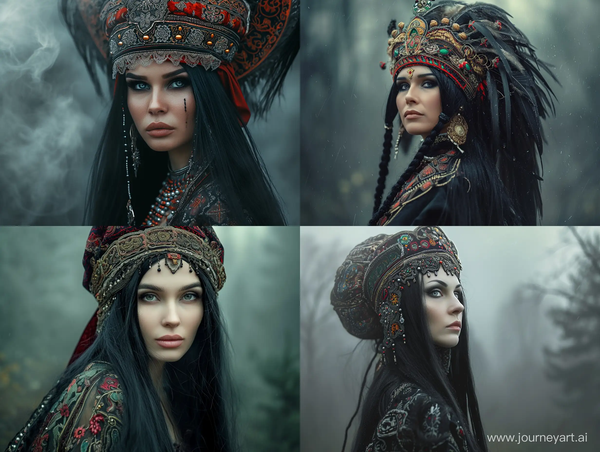 Russian Russian fairy tale Baba Yaga, a beautiful woman with long black hair and a  traditional russian headdress, a gloomy atmosphere, a Russian sorceress, mysticism, folklore