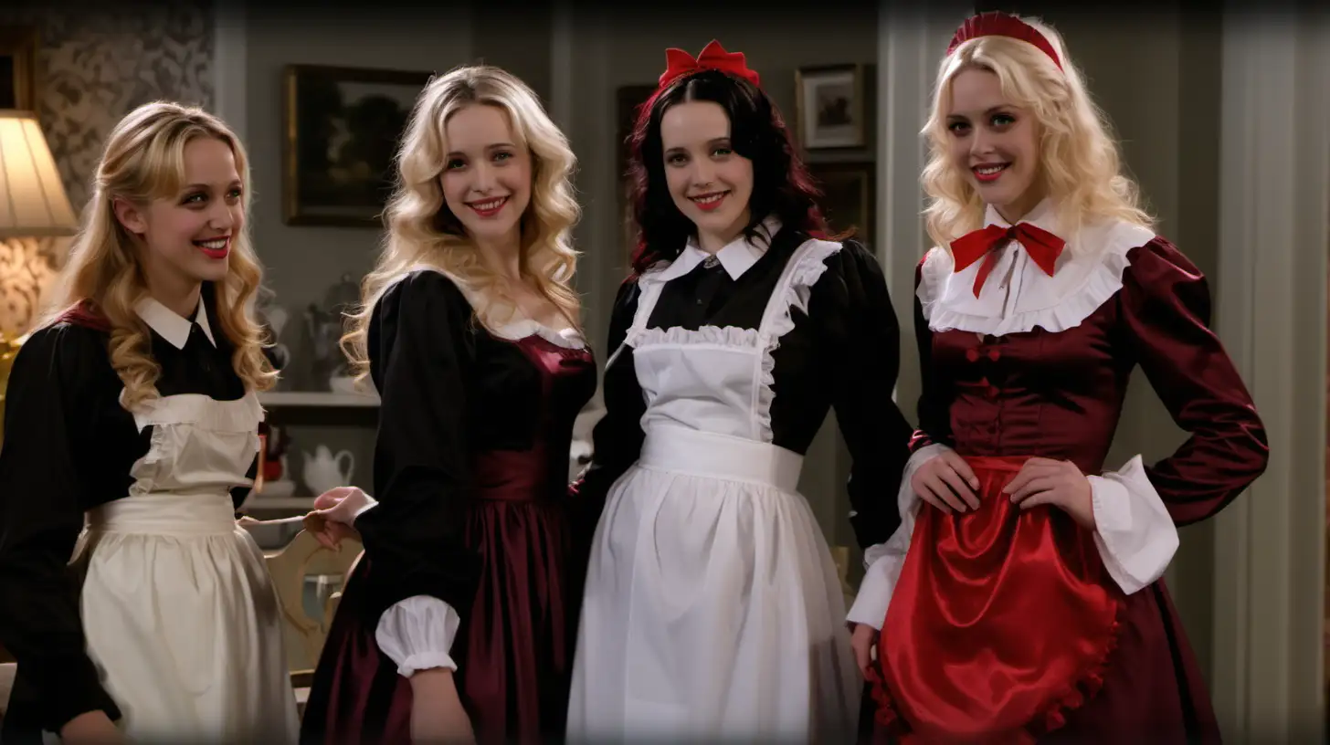 girls in long crystal silk satin red black,lila retro victorian maid gown with white apron and peter pan colar and long sleeves costume and milf mothers long blonde and red hair,black hair rachel macadams  smile in big house
